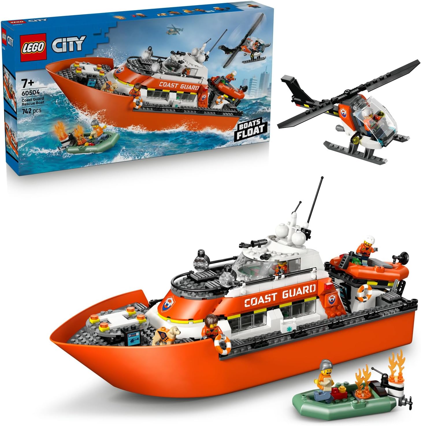 LEGO City Sahil Güvenlik Kurtarma Botu ve Helikopteri 60504 – 7 Yaş ve Üzeri Erkek ve Kız Çocuklar için 5 Minifigür ve 1 Köpek Figürü İçeren Yaratıcı Oyuncak Yapım Seti, Hediye Fikri (742 Parça)