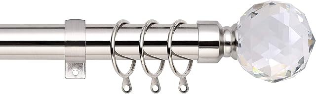 Crystal Ball Extendable Curtain Pole. Includes Pair Of Superior 60mm Size Finials, Rings, Brackets & Fittings Set. (Brushed Chrome, 160cm - 300cm, 63 Inch to 118 Inch)