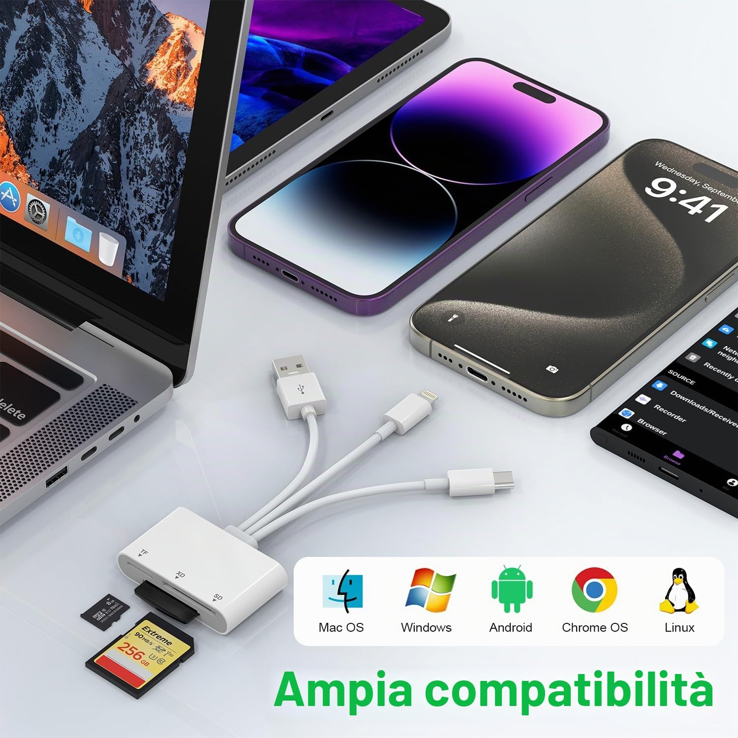 Lettore di Schede SD, 3 in 1 Lettore SD per iPhone, USB Adattatore per Scheda SD/Micro SD/XD, Card Reader USB Compatibile per iPhone 16/15 /2023 iPad/Galaxy S24 Ultra, Lettore Scheda XD Olympus