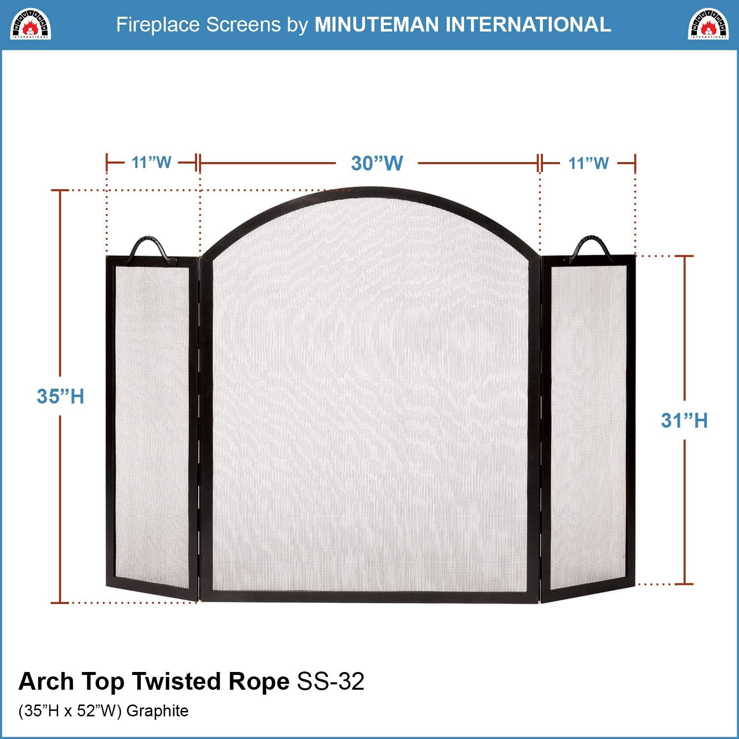 Minuteman International Arch Top Twisted Rope Folding Fireplace Screen, Graphite (SS-32)