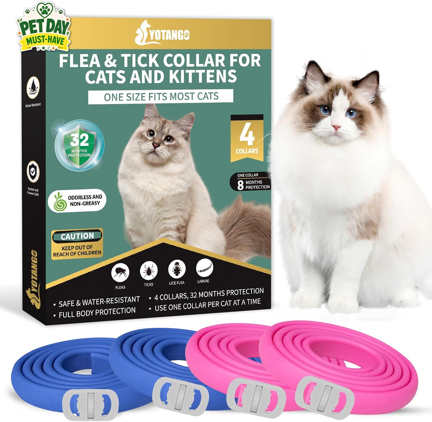 4 Pack Flea Collar for Cats, 32 Months Flea and Tick Prevention for Cat, Waterproof & Natural Cat Flea and Tick Treatment, Adjustable for Cats Kittens(Blue&Pink)