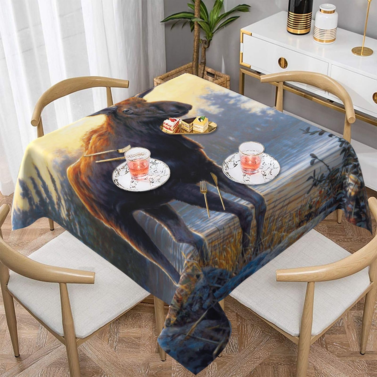 DCEHGEW Moose Deer Prints Square Tablecloth 137x137 CM, Waterproof Fabric Table Cloth for Dining Table, Farmhouse Table Cover for Kitchen Dining Tabletop Decoration