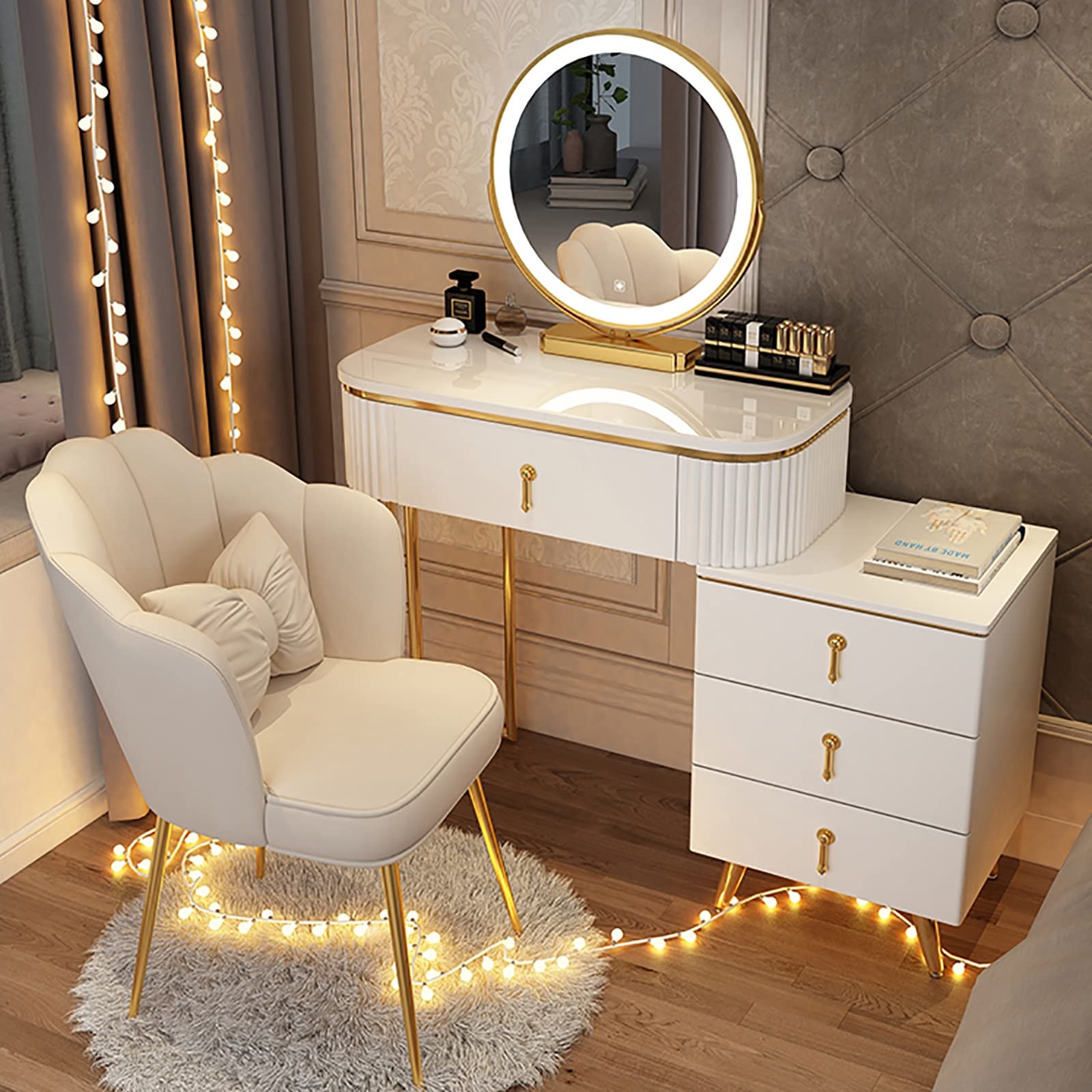 asdchZen Modern Vanity Desk Set With Led Lights Adjustable Cabinet And Cushioned Stool 3 Lighting Modes Ideal For Home Bedroom Studio,White+gold-80cm/31.5in