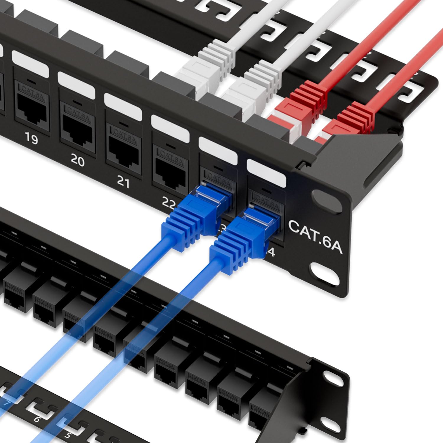 iwillink Pannello patch Cat6A da 10 Gbps a 24 porte, Keystone Patch Panel UTP da 48 cm con barra posteriore, montaggio a parete o montaggio a rack, compatibile con cablaggio Cat5, Cat5e, Cat6, Cat6A