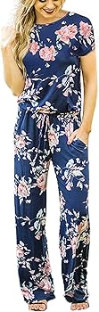 RichCoco Women's Floral Printed Jumpsuit Casual O Neck Loose Long Wide Legs Pants Jumpsuit Rompers with Pockets