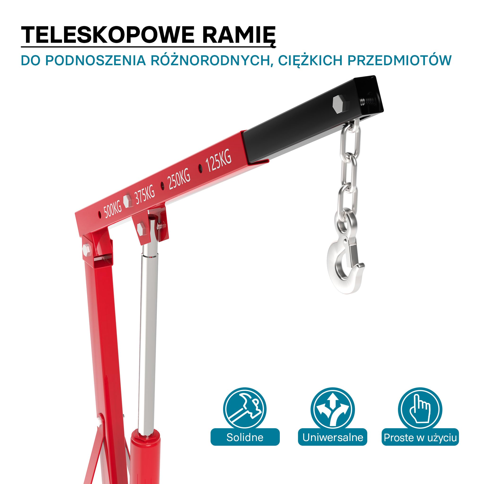 Wiltec Podnośnik hydrauliczny warsztatowy 500 kg z regulowanym wysięgnikiem 830-1280 mm, stabilna konstrukcja, załadunek pojazdów i prace przemysłowe