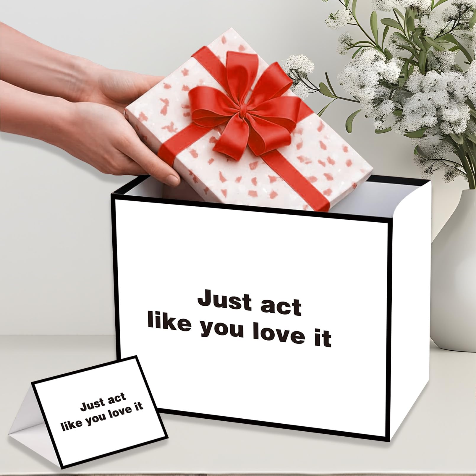 Anyangzhao White Funny Gift Bag, Large Just Act Like You Love It Gag Gift Bag with Card and Tissue Paper, Snarky Funny Birthday Party Decorations for Men, Women, Best Friends, Offices, Coworkers