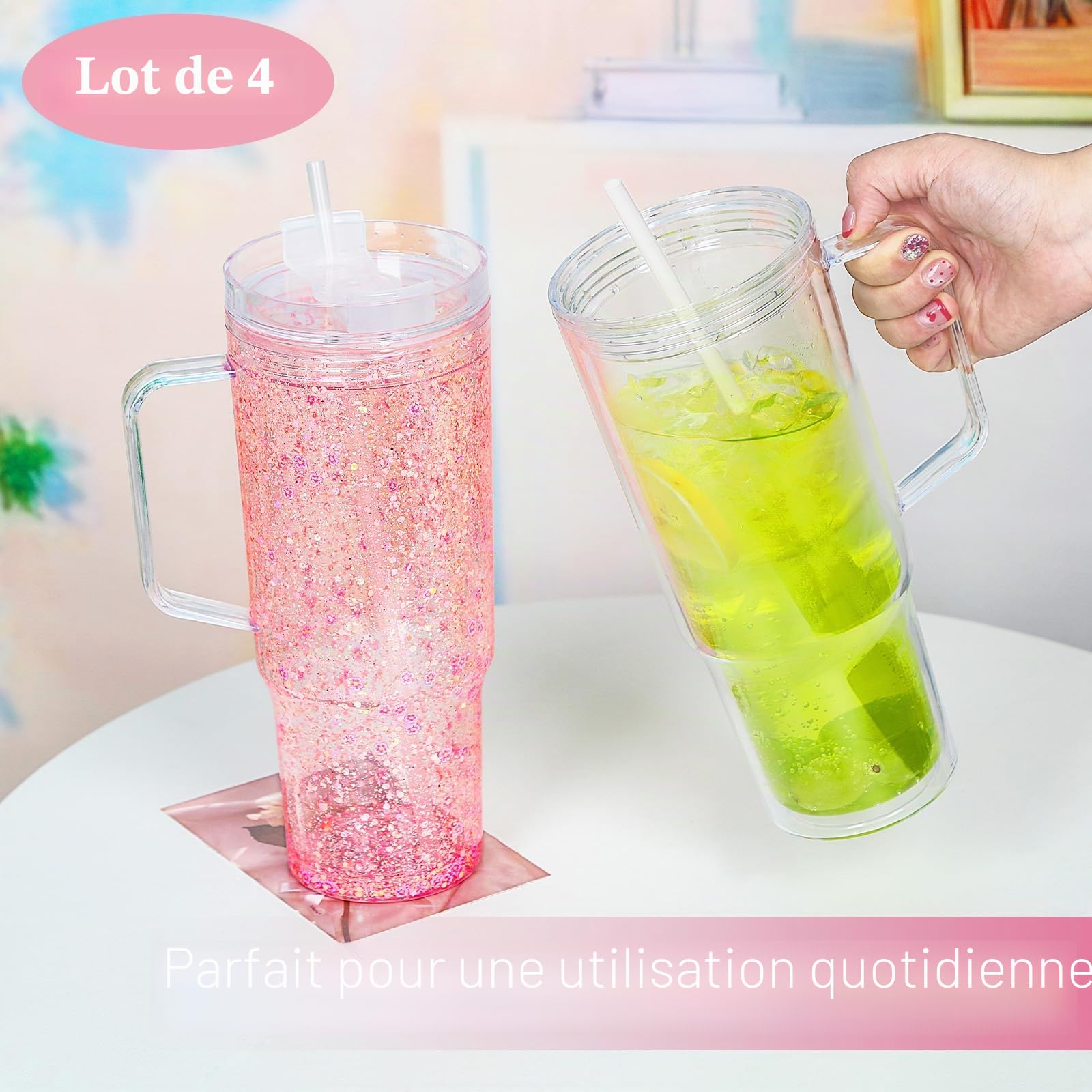 Lot de 4 gobelets à neige en acrylique transparent à double paroi pré-percés pour boule à neige pailletée 1200 ml