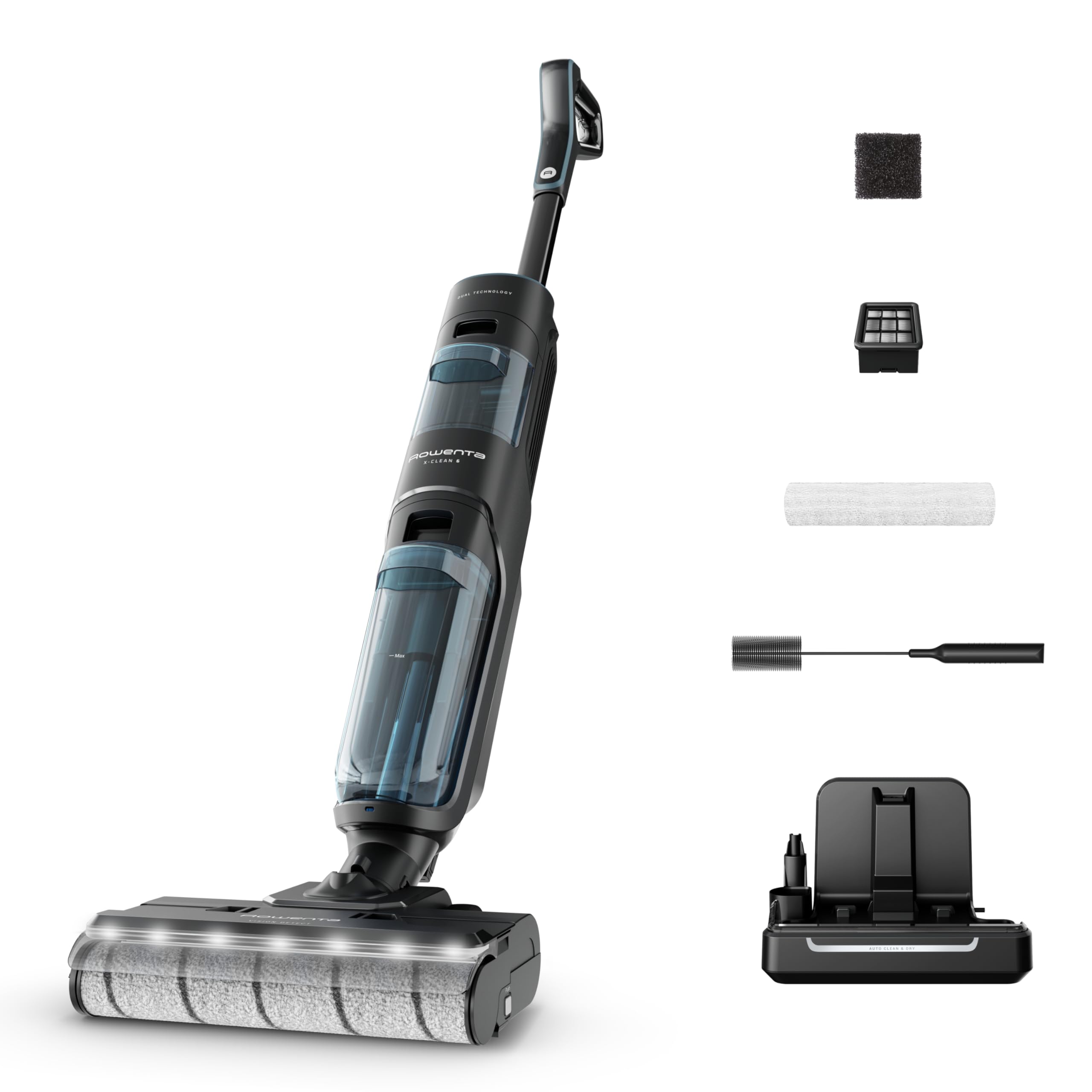 Rowenta GZ5555 Odkurzacz bezprzewodowy X-Clean5, czyszczenie 2w1, tryb automatycznego wykrywania brudu, oświetlenie LED, samoczyszczenie, suszenie gorącego powietrza
