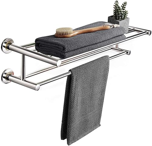 Miniatura 9 de Tangkula Estante de baño montado en la pared con barras de 2 niveles, estante de acero inoxidable de 24 pulgadas, acabado de espejo pulido, estante