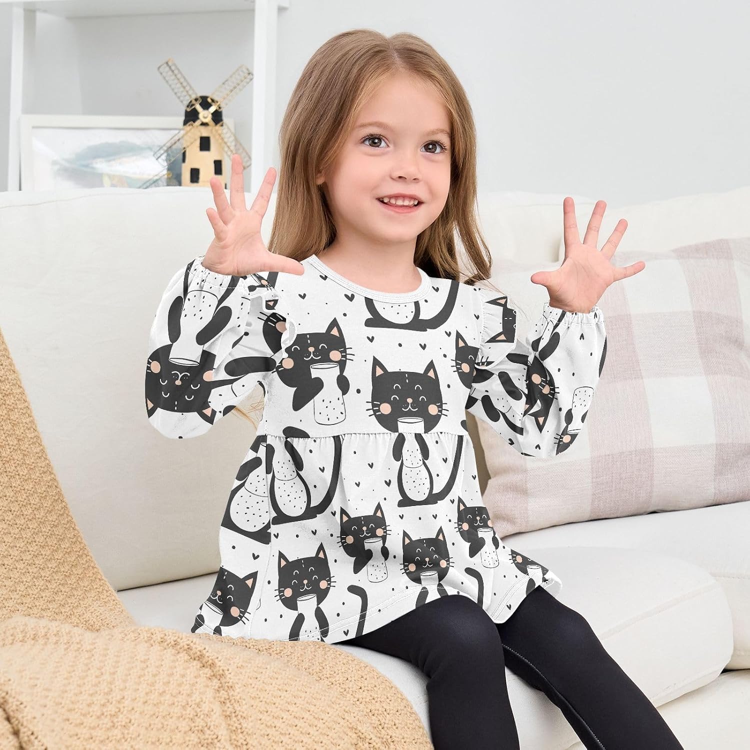 visesunny Toddler Clothes for Girls Love Black Cat Bottle Long Sleeve Fall Shirts Cotton Top with Ruffle Collar