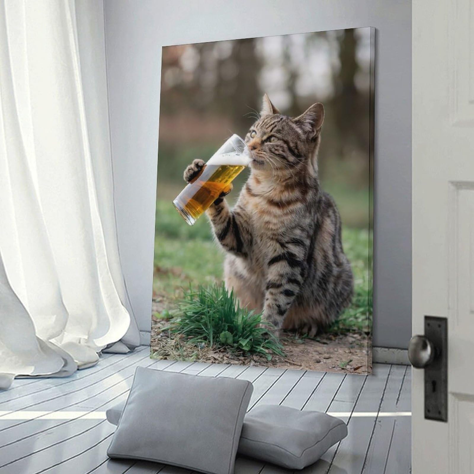 Junmoney Frame-Style-13 Wall Picture Print Cat Enjoying A Sip Of Beer, 24X36inch(60X90cm), For Entrance Walls, Hall Decor Or Foyers, Home Artwork For First Impressions