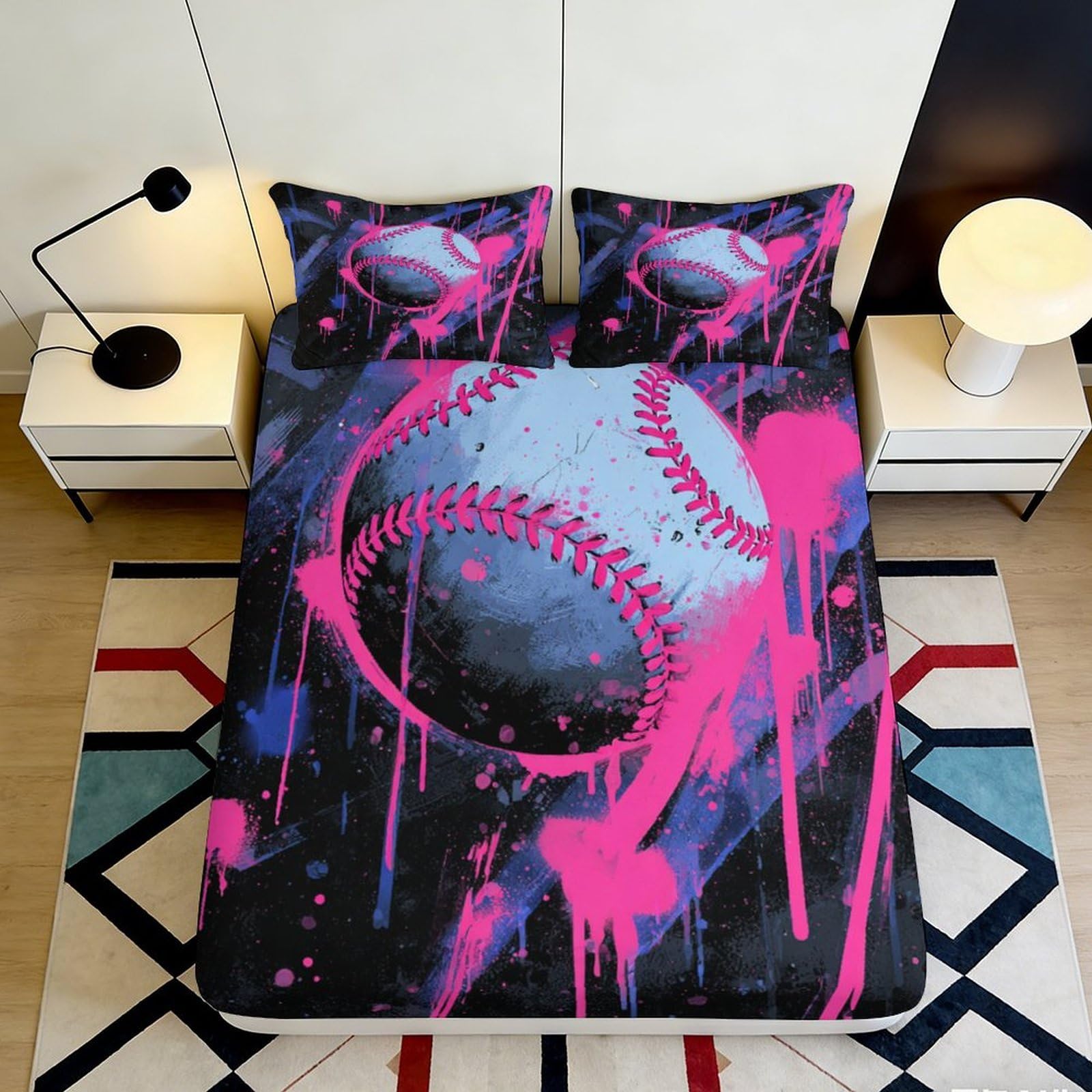 Jqzkxnhpbr Style-2 3D Printed Graffiti Baseball Fitted Sheet Microfiber Vibrant Splash Bed Cover For Bedroom Dorm Mattress Decor 90X200x25cm