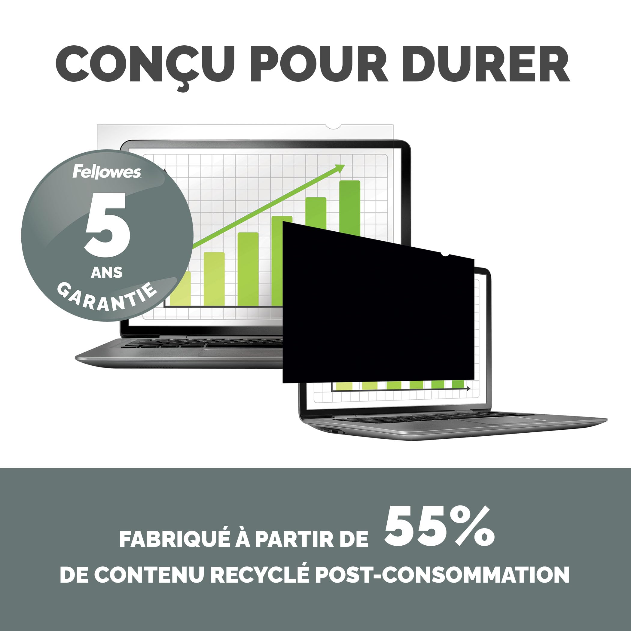 Fellowes Filtre de confidentialité PrivaScreen™ - Protection d’écran pour ordinateur portable 15,6 pouces (format 16:9, 345 x 194 mm) - Fixation et retrait faciles avec languettes Quick Reveal