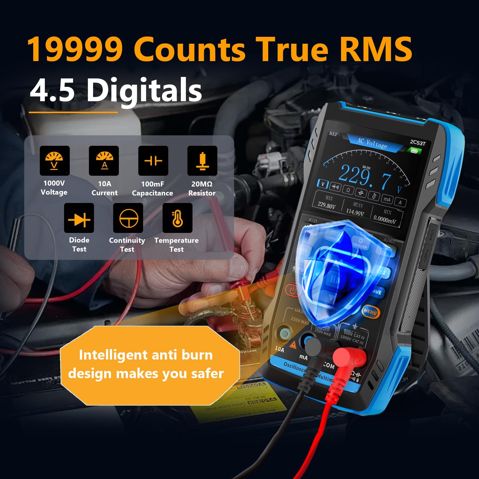 3-IN-1 2C53T Aufgerüstetes Handheld Oscilloscope Multimeter mit 2 Kanälen, 50MHz Bandbreite & 250MS/s Abtastrate, TRMS 19999 Counts Signalgenerator, 13 Wellenformen für Automotive/AC/DC Spannungstest