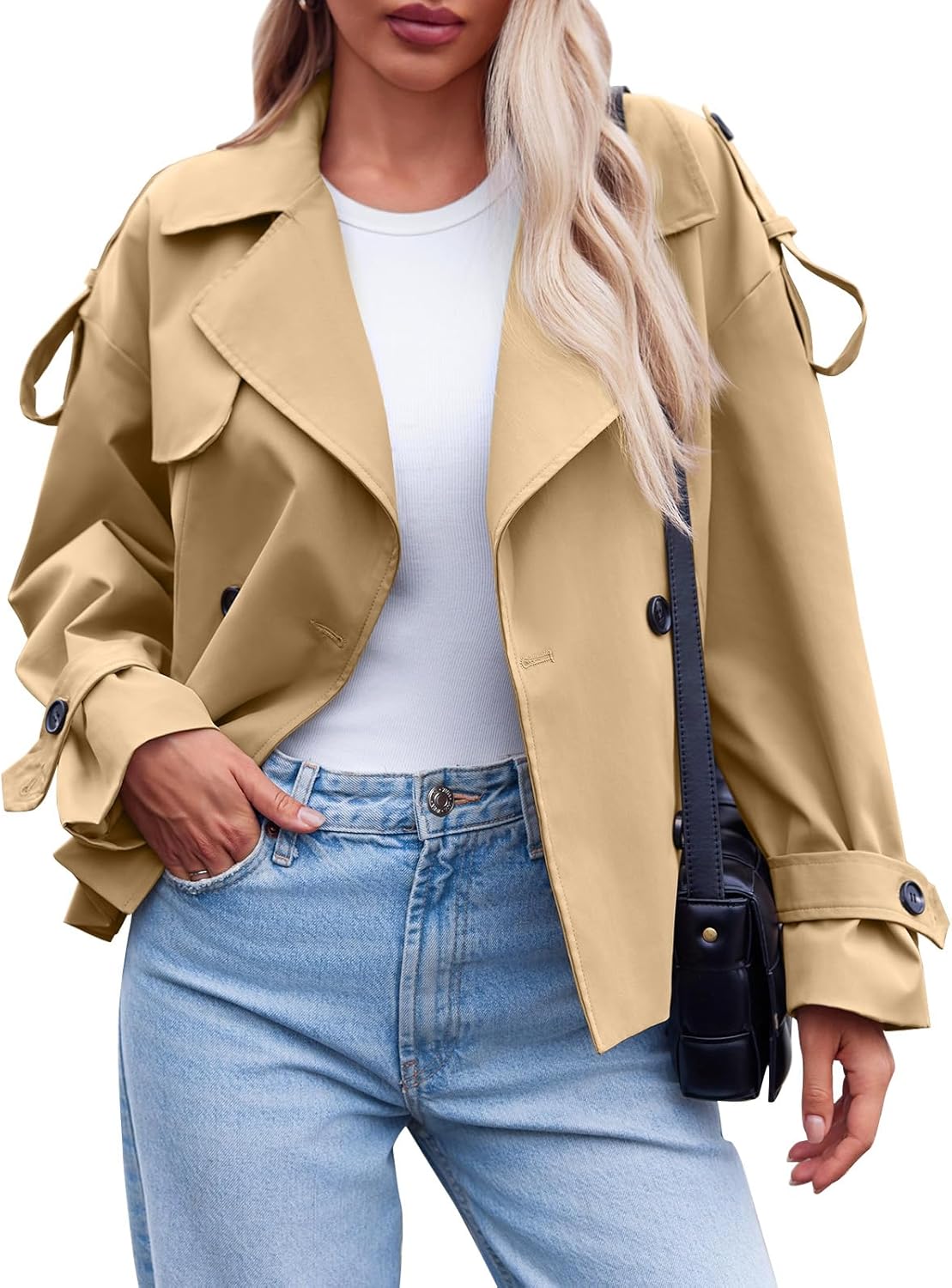 Tankaneo Womens Cropped Trench Coat Casual Double Breasted Short Jacket Fall Fashion Outerwear with Belt - Image 6