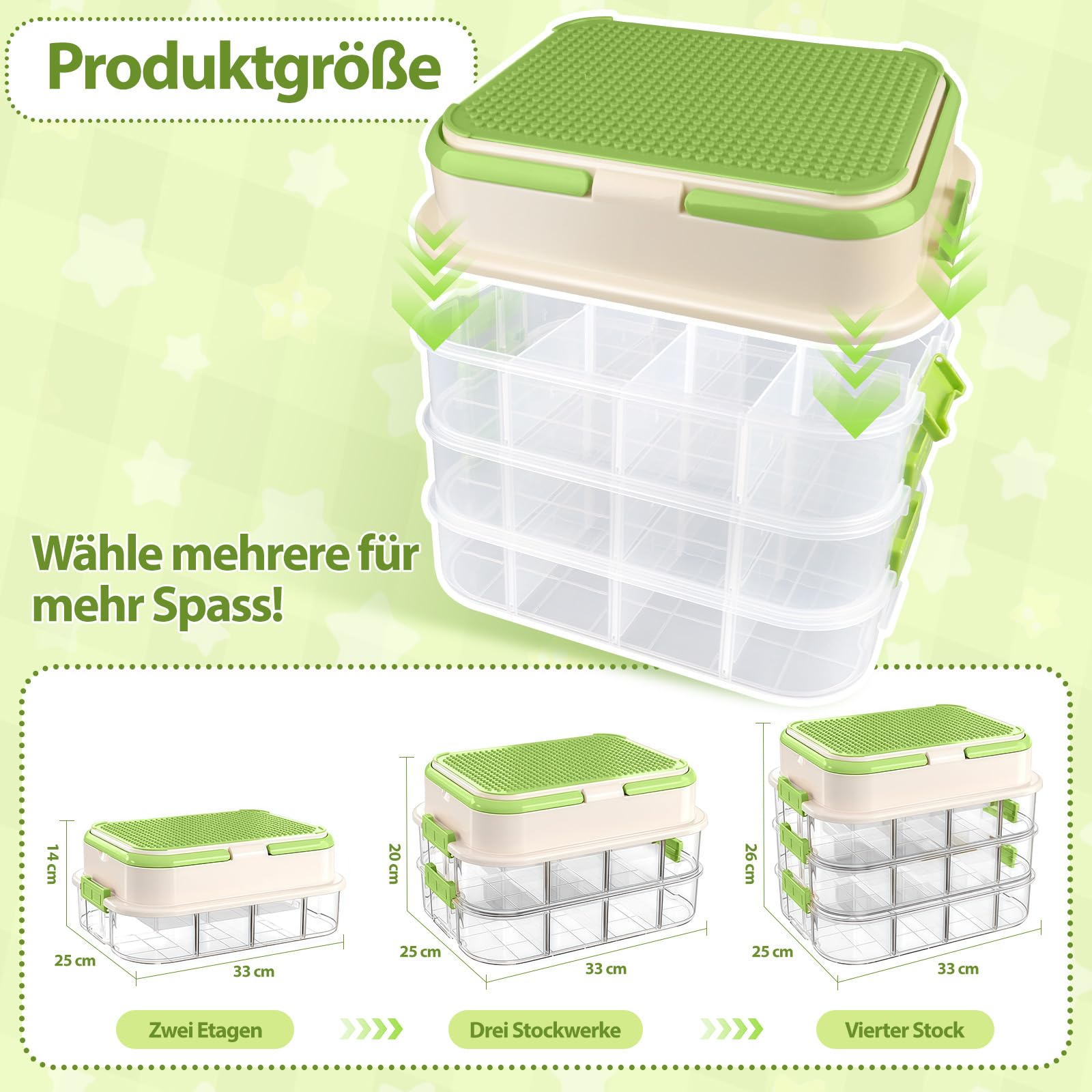 Scatole impilabili per mattoni Lego con coperchio – Scatola trasparente con 4 ripiani, mattoncini da costruzione con maniglie, organizzatore per mattoncini e puzzle, verde