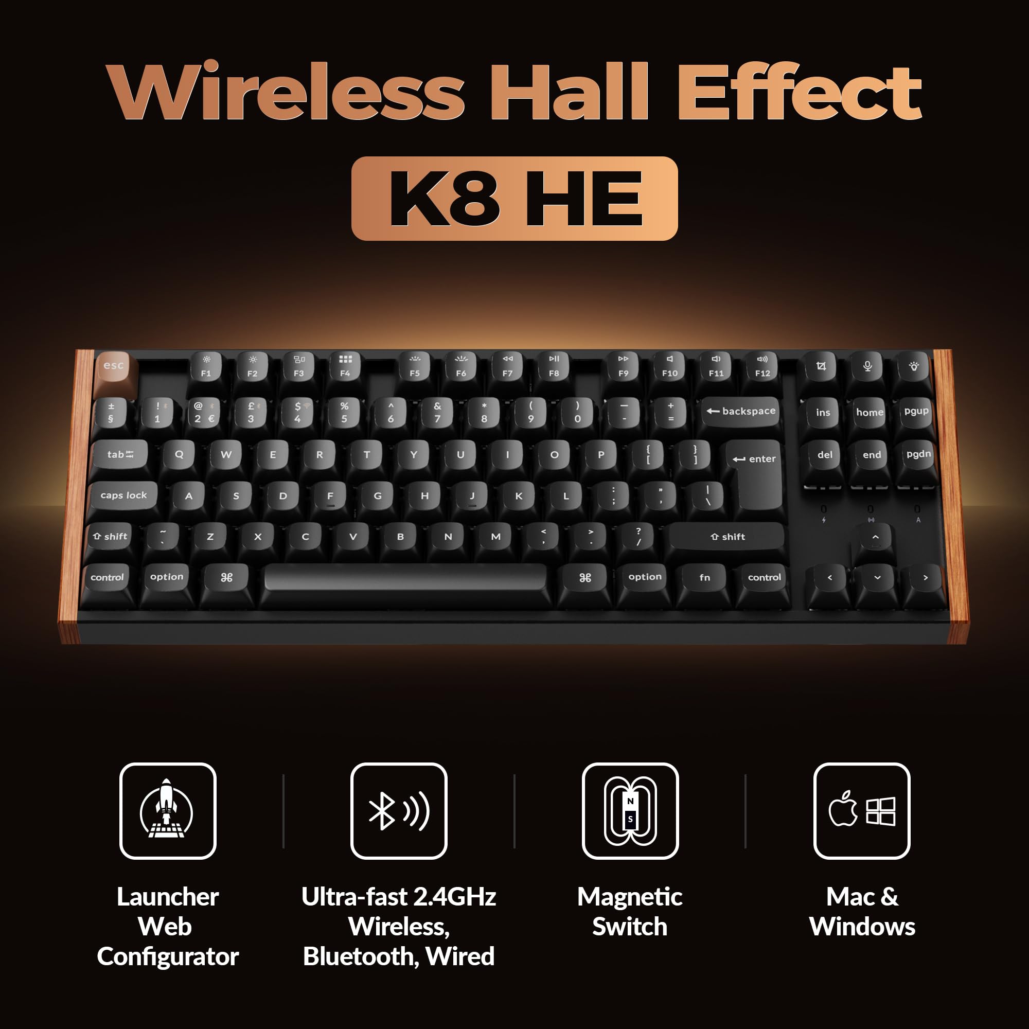 Keychron K8 HE Mechanical Keyboard TKL Wireless Bluetooth 2.4G Wired Triple Mode, Hot Swappable Hall Effect with QMK VIA Aluminum+Wood Frame Rapid Trigger for Mac Windows Linux - Black UK Layout — view 2