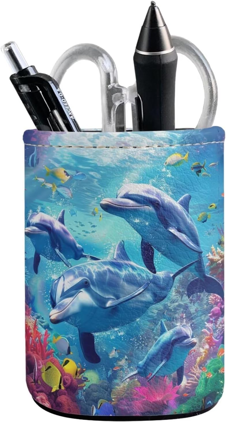Upetstory Adorable Dolphin Pen Pencil Holder for Desk Office Home Round Pencils Cup Caddy Box Makeup Brush Holders for Women Girls Boys image 2