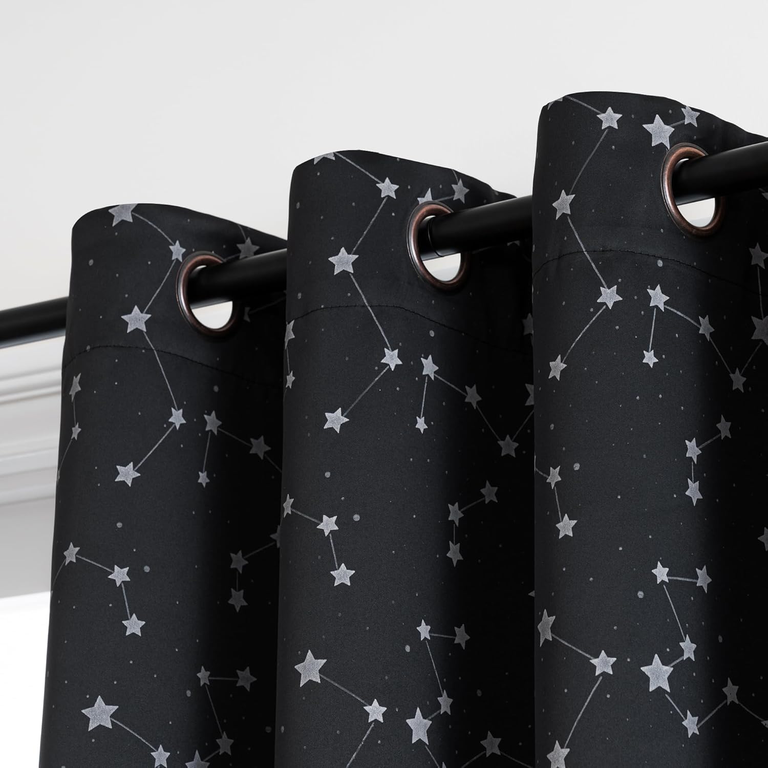 PrinceDeco Kids Blackout Curtains Star Pattern Blackout Curtains with Glowing Effect for Boys Room Curtains 2 Panel Set 84 Inch Total Darkness Thermal Insulated Drapes for Nursery,Black