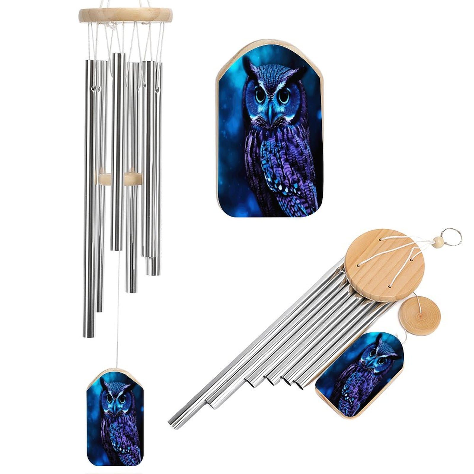 Blue Owl Wind Chimes for Outside Personalized Sympathy Wind-Chime with 6 Tuned Tubes Elegant Aluminium Wind Chimes Memorial Windchimes Best Gift 20.5"