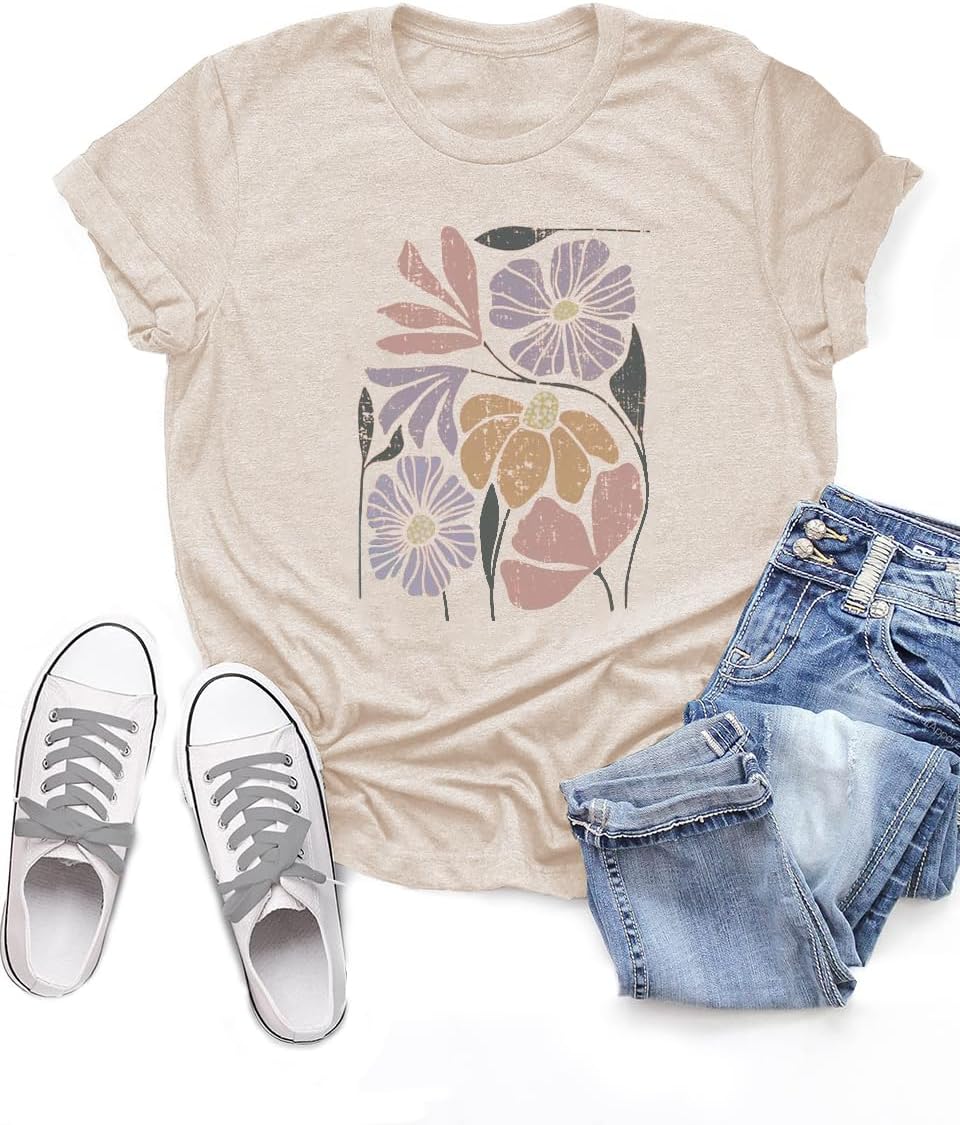MZEAZRK Womens Summer Graphic Tee Shirts Cottage-Core Cute Boho Short Sleeve Tshirt Teen Girls