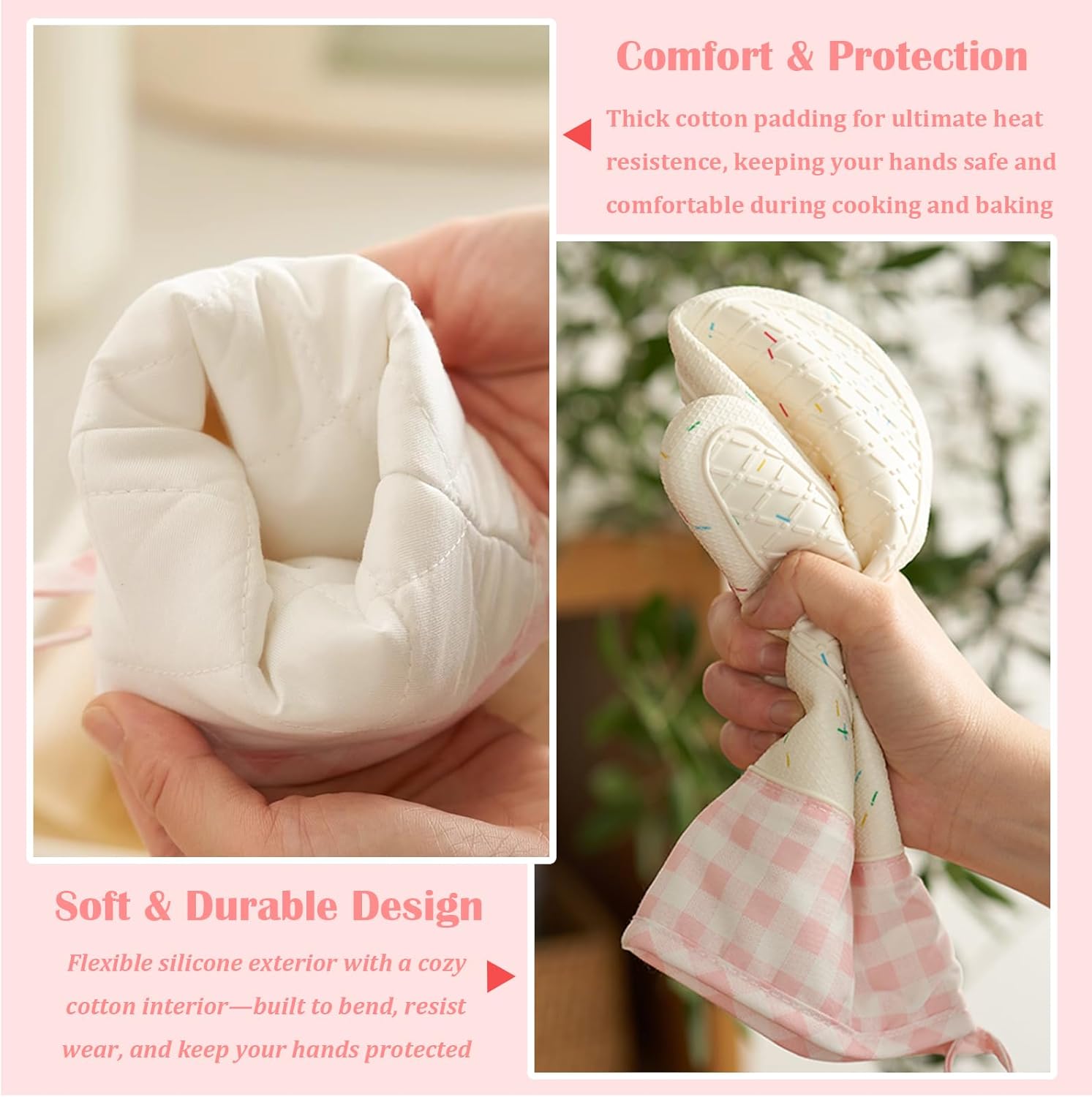 Wanheart Silicone Confetti Oven Mitts, Heat Resistant Non-Slip Cotton Lined Mittens for Cooking Baking, Aesthetic Kitchen Style for Women, 2 Pcs - Image 3