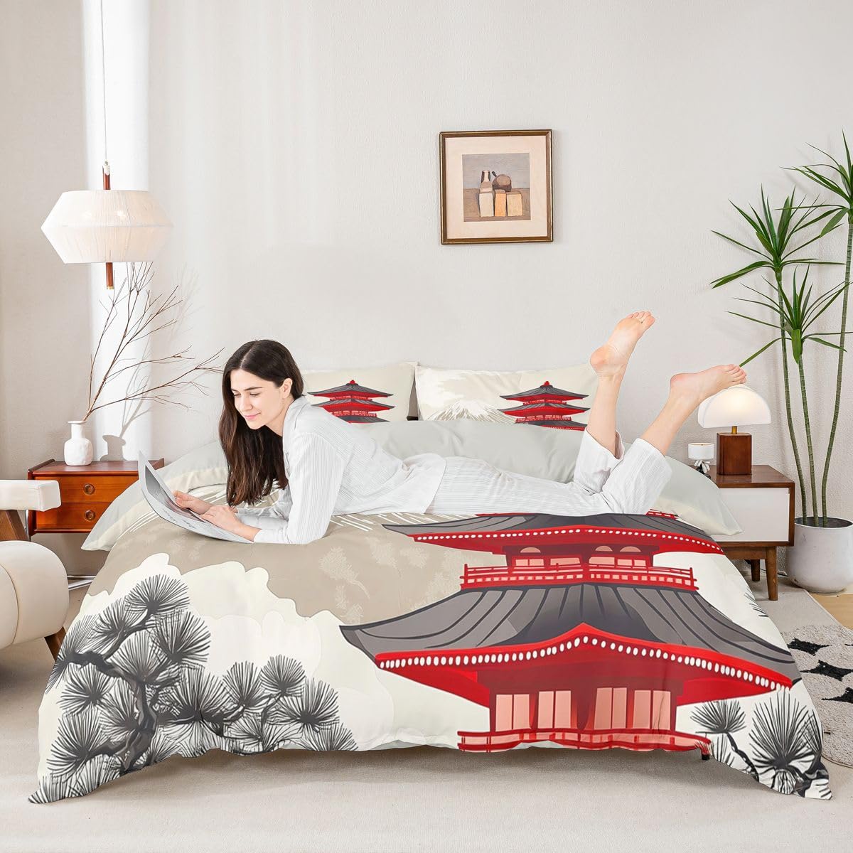 Homewish Mount Fuji King Size Pościel Japońska Wieża Poszwa Na Kołdrę Zestaw Azji Japonia Drzewo Czerwony Budynek Kołdra Poszewka Naturalny Krajobraz Zestawy łóżek