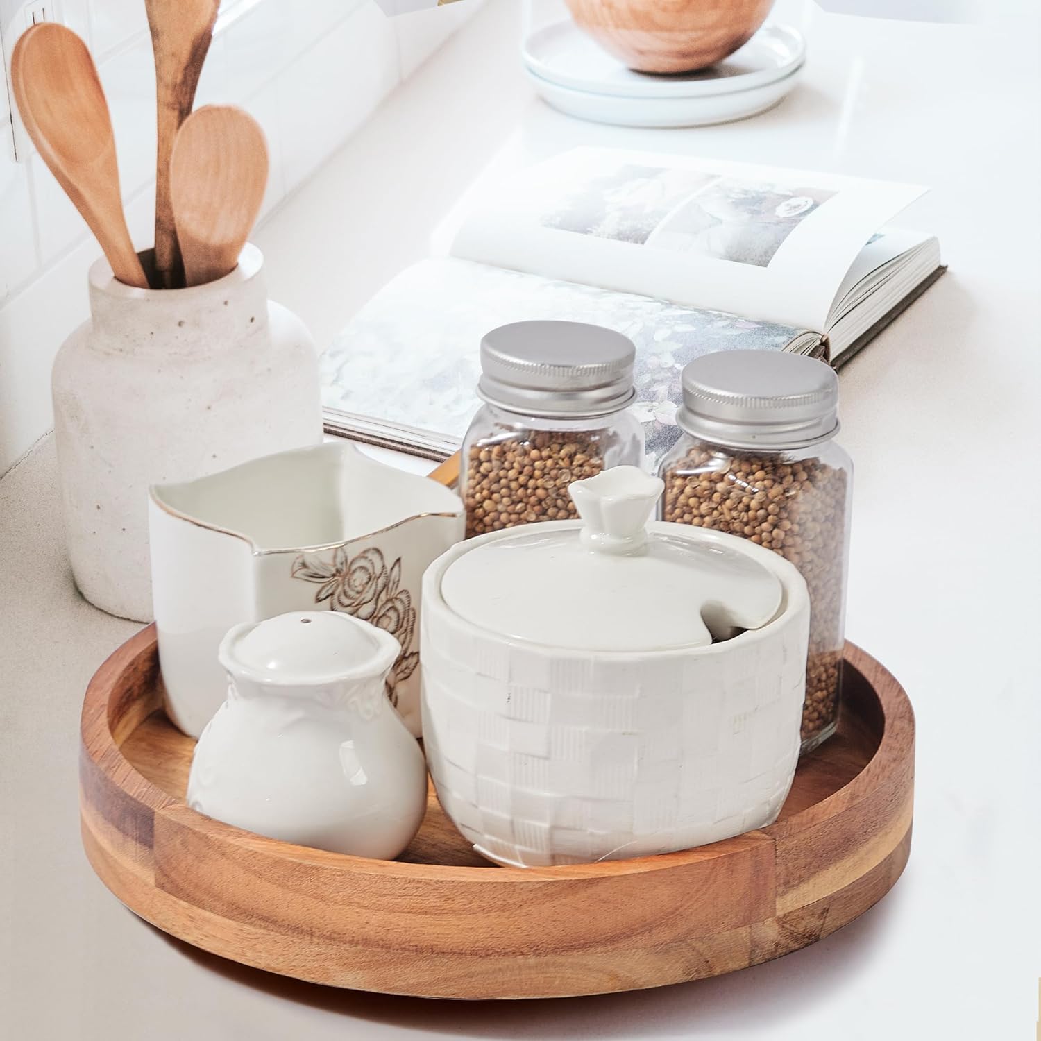 [ 2 Pack ] 9 Inch Acacia Wood Lazy Susan Organizer for Cabinet, Lazy Susan Turntable for Countertop Table Pantry, Kitchen Turntable Storege Container