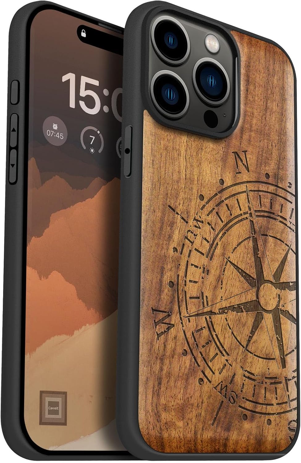 Carveit Magnetic Wooden Case for iPhone 15 Pro Max Case, Compatible with MagSafe Wireless Chargers, Black Soft TPU Shockproof Cover & Wood Artisan Engraved (Incomplete Compass) - Walnut