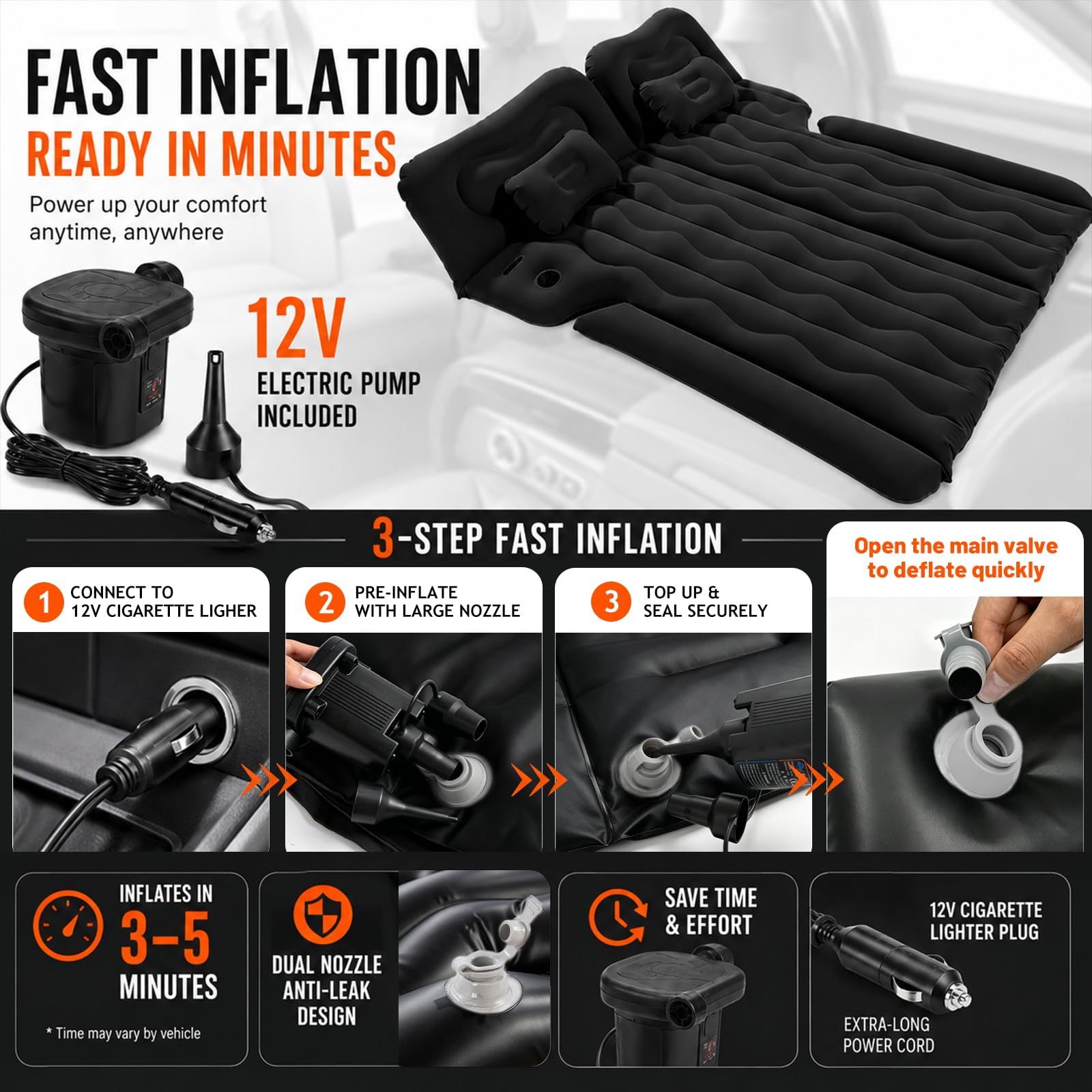 Colchon Coche, 1.75 * 1.35M Colchón para Coche Asiento Trasero, Incluye Bomba de Aire 2 Almohadas, SUV Colchón Hinchable, Tejido Grueso, Colchón Aire Coche para Viaje Camping (Negro)