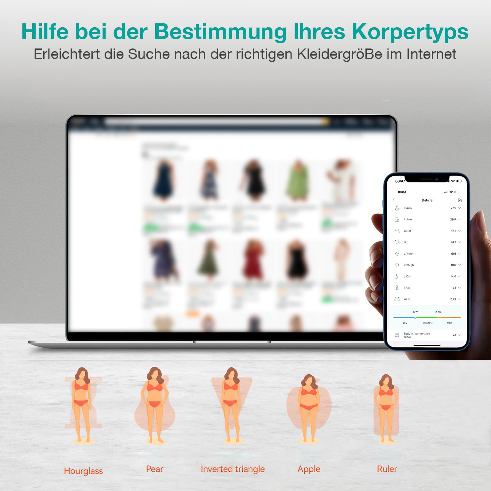 Smartes Körpermaß, Körpermaßband, LED-HD-Vollbild-Überwachung, Körperfett-Werkzeug für Fitness-Formung und Gewichtsverlust, Fitdays App Bluetooth-Maßband