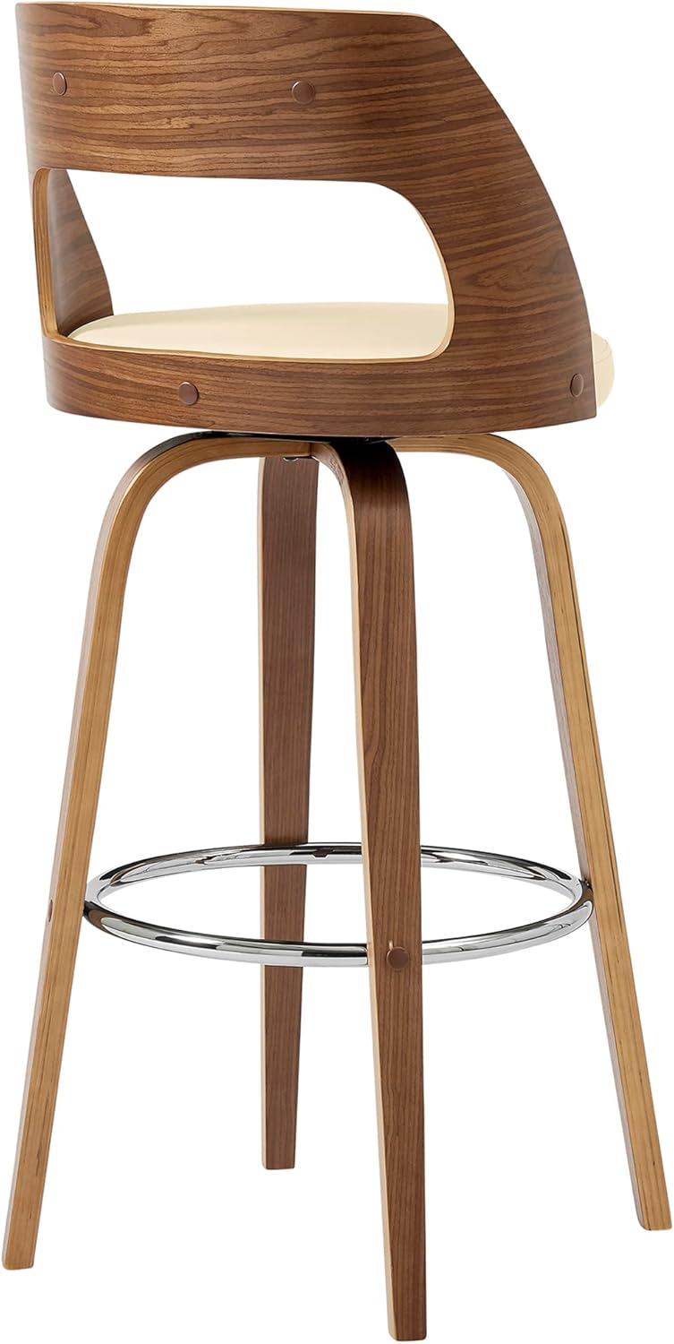 Armen Living Axel Mid Century Modern Swivel Bar Stool for Kitchen Island Counter in Cream Faux Leather and Walnut Wood, 26" Seat Height