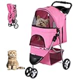 ZENY Foldable Pet Stroller, Cat/Dog Stroller with 3 Wheel, Pet Strolling Cart, Dog Travel Carrier with Storage Basket + Cup Holder (Pink)
