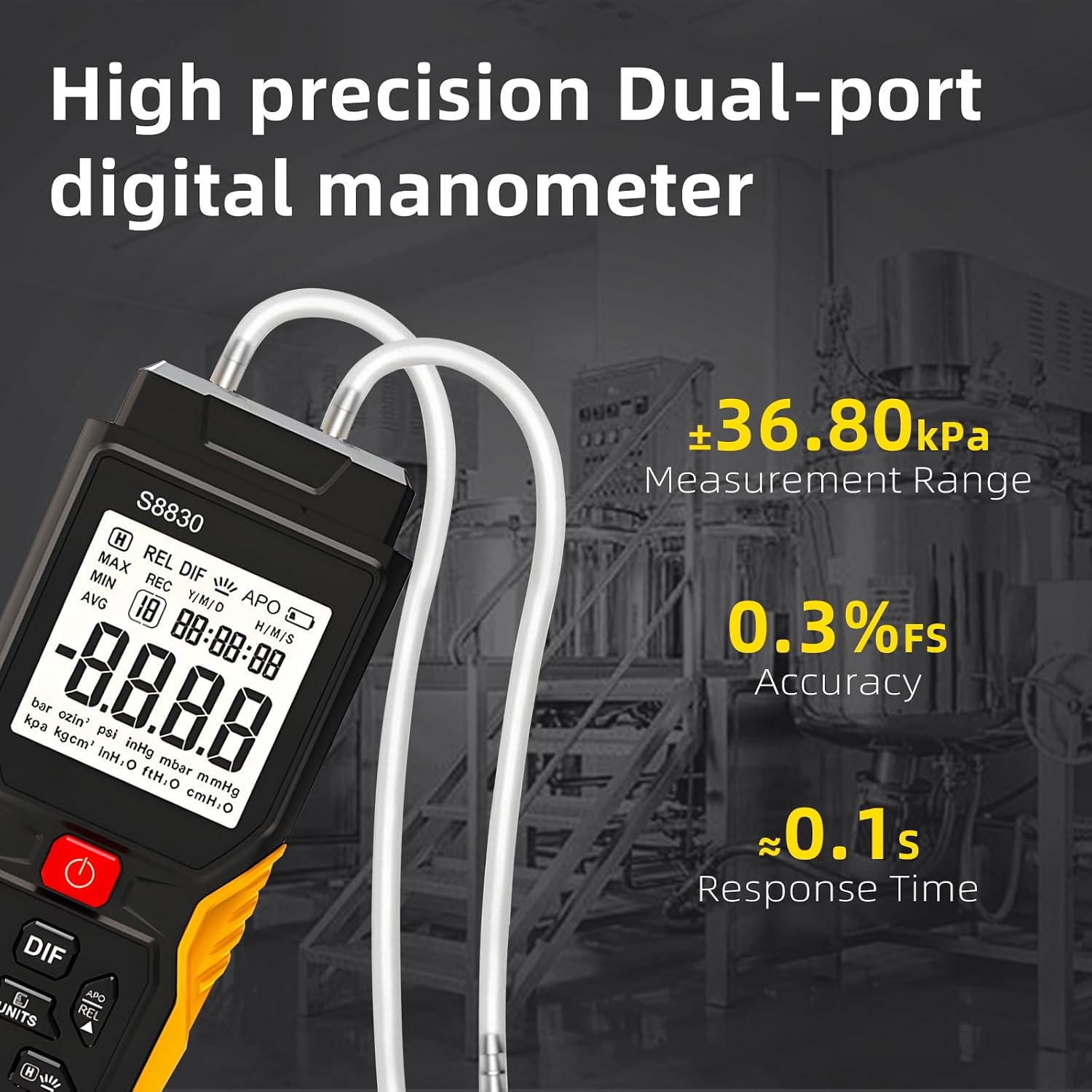 LYCEBELL S8830 Digital Manometer with two clear tubes connected to its dual ports, showing high precision measurement capabilities.