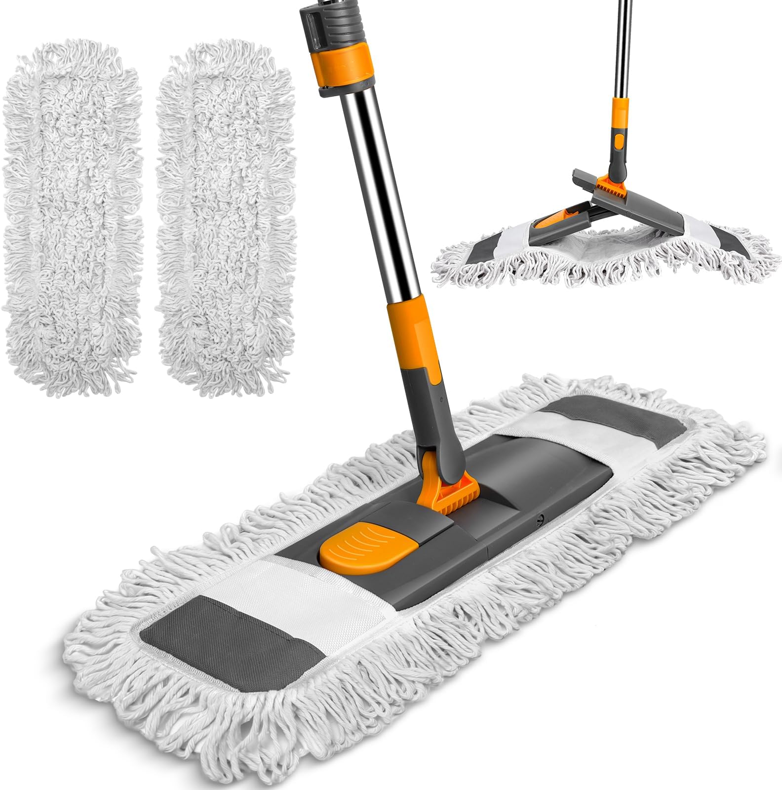 MASTERTOP Flat Mop, 60cm Wide Industrial Mops with Stainless Steel Long Handle, Commercial Pure Cotton Mop with 2 Reusable Pads, Wet and Dry Floor Mops for Hard Laminate Floors Cleaning