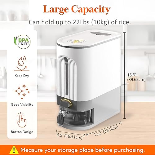 Miniatura 2 de Dispensador de arroz de 22 libras, recipientes de cereales sellados a prueba de humedad, dispensador de cereales con tapa con taza medidora y