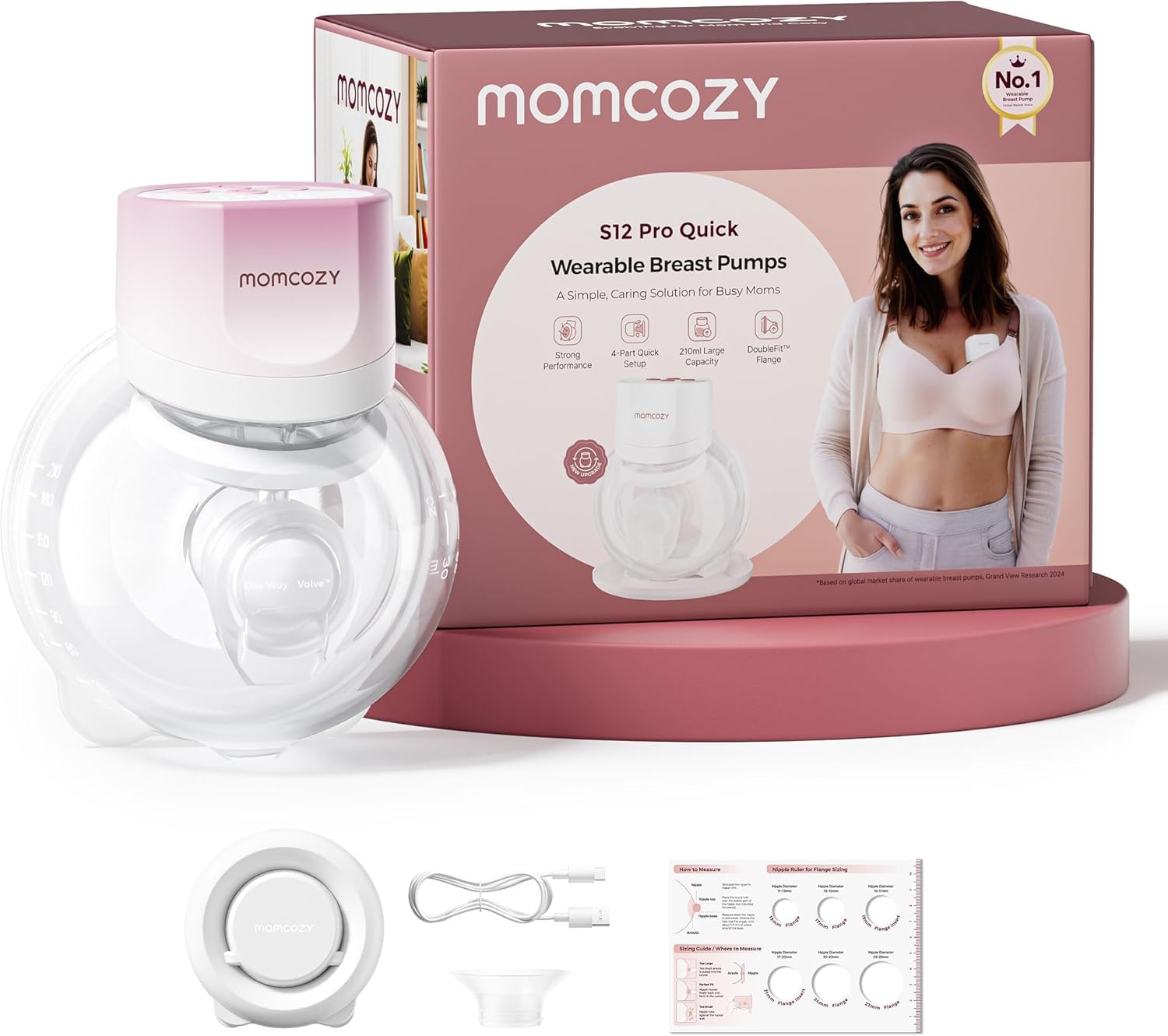 Momcozy S12 Pro Quick Sacaleches Eléctrico Manos Libres Inalámbrico, con Brida Híbrida DoubleFit™ de 24 mm, 3 Modos y 9 Niveles, Pantalla Inteligente, Extractor de Leche Portátil