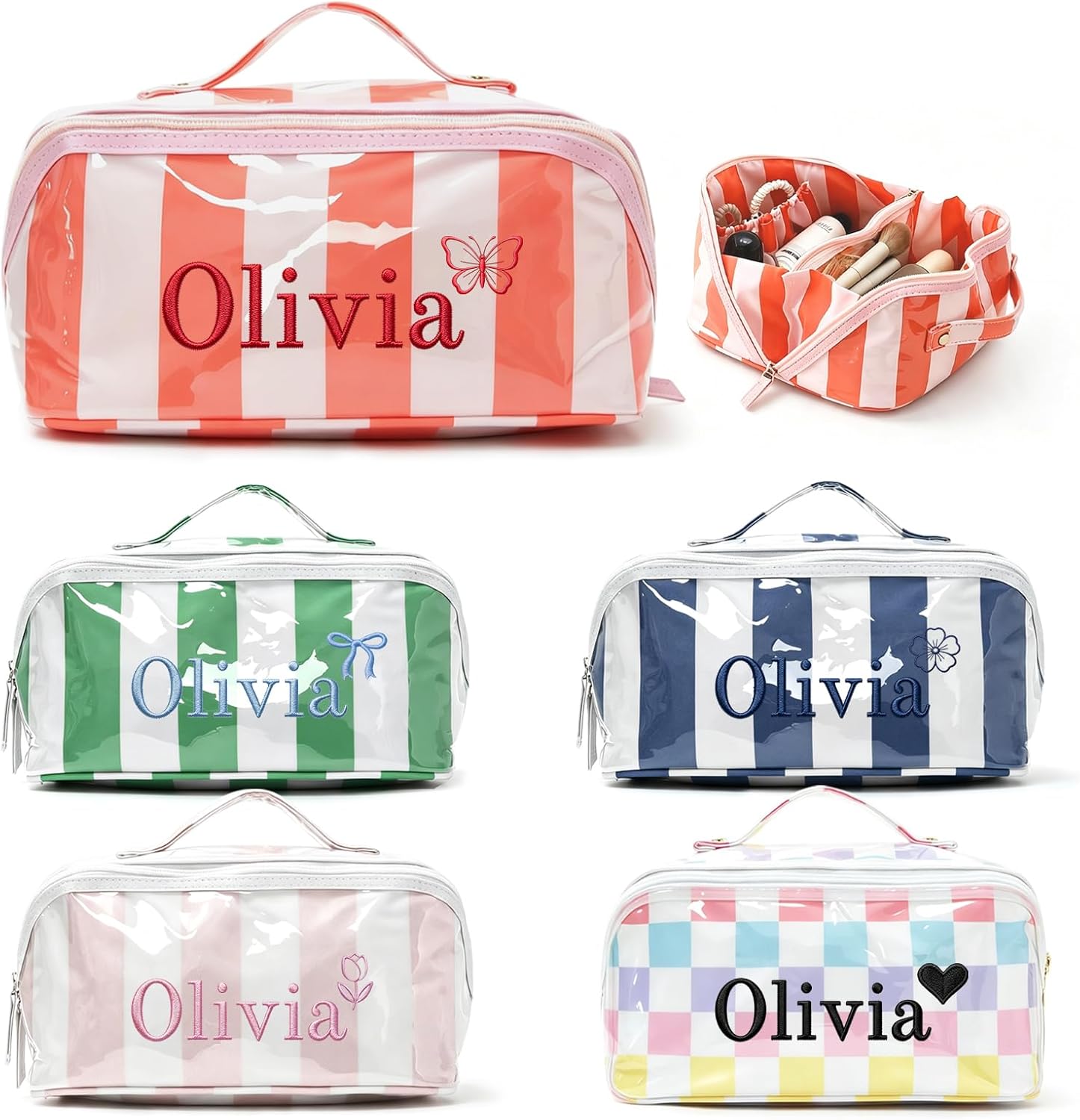 Personalized Striped PVC Makeup Bag, Large Capacity with Embroidered Name