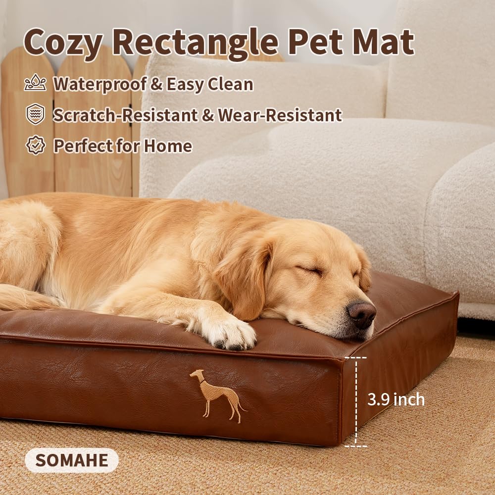 SOMAHE Cama ortopédica para perros pequeños con funda extraíble de piel sintética lavable, impermeable, color marrón, 35.4 x 27.5 x 4 pulgadas