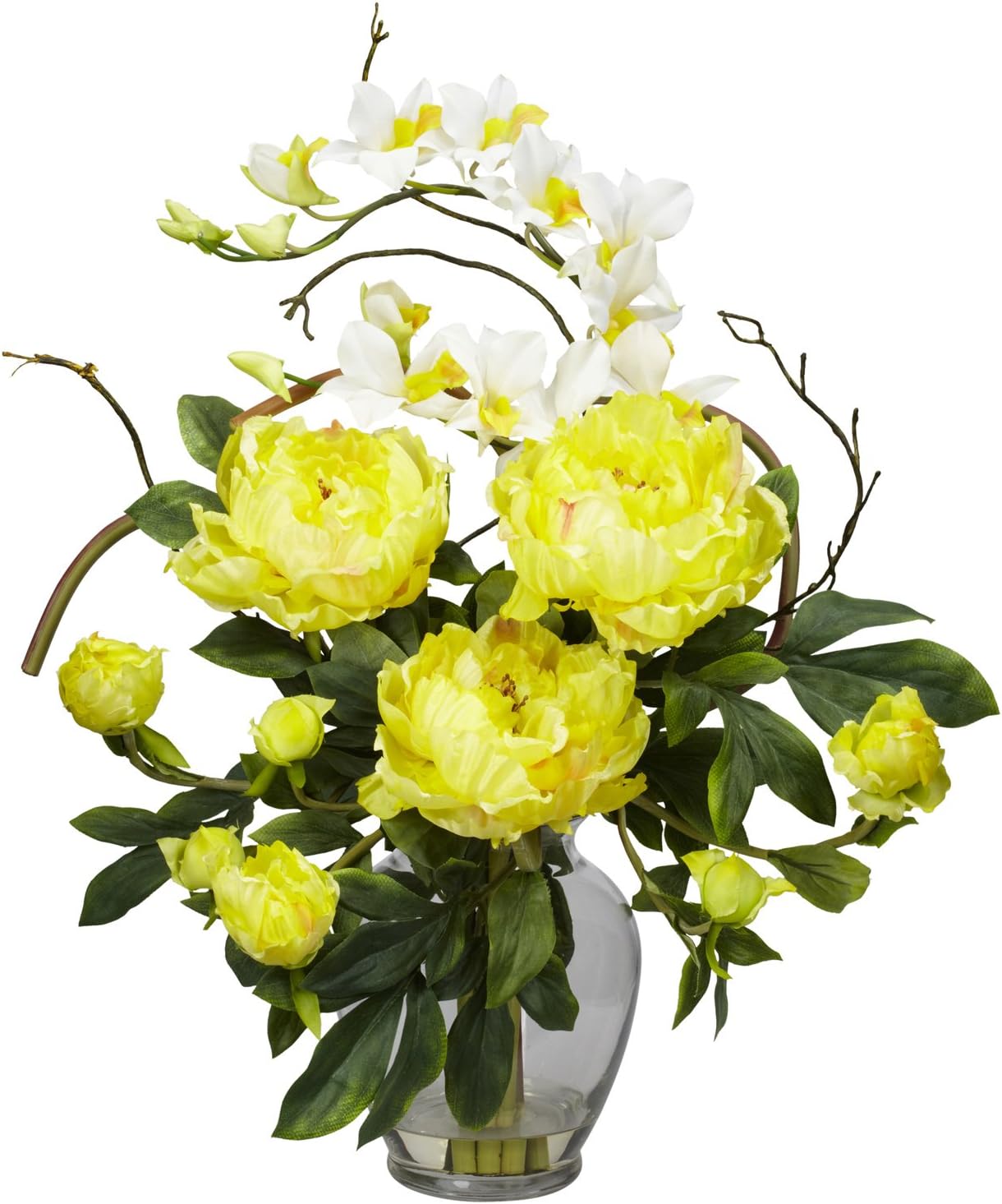 Nearly Natural 1175-YL Peony and Orchid Silk Flower Arrangement, Yellow,29" x 10.25" x 10.25"