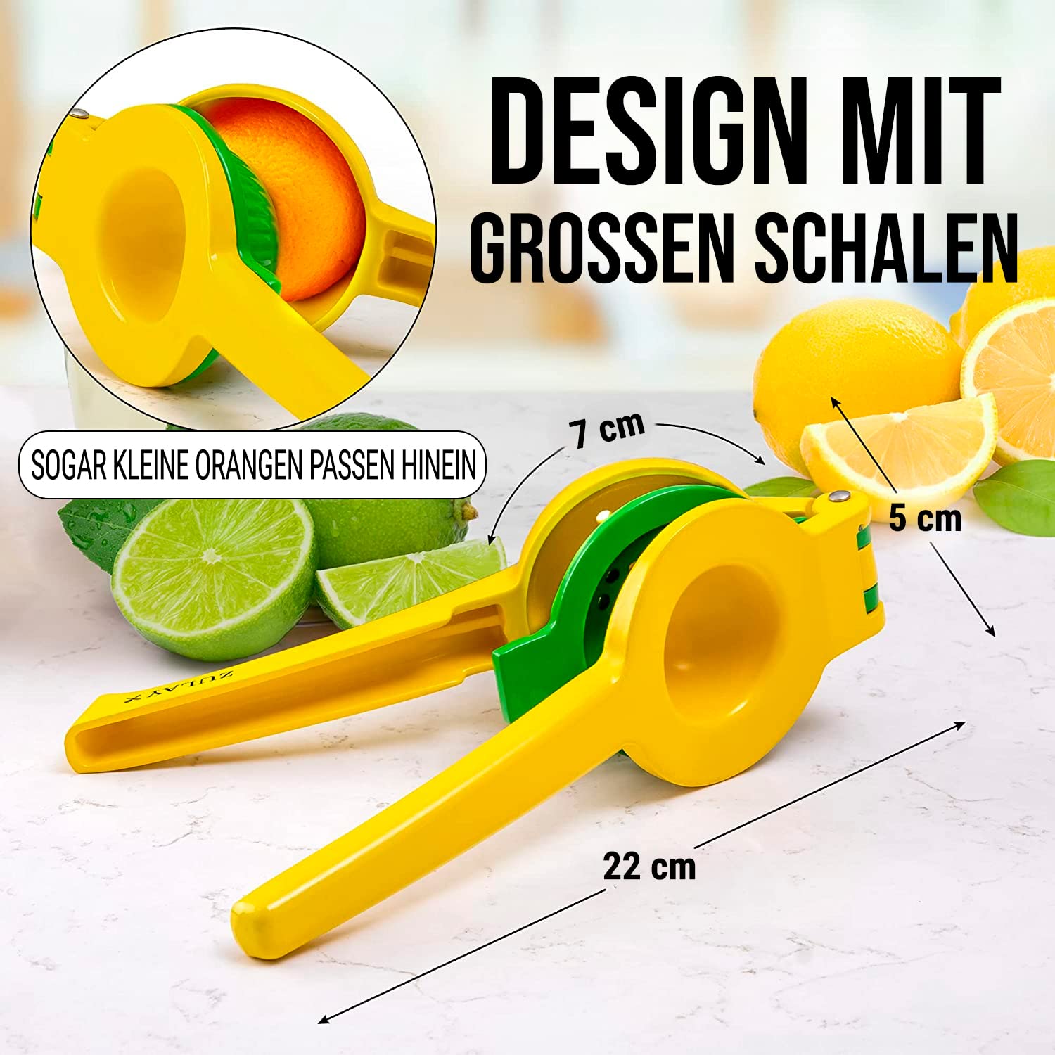 Zulay Kitchen Zitronenpresse & Limettenpresse, Manuelle Zitruspresse Handpresse für Zitronen und Limetten, Entsafter Saftpresse Manuell, Robuste Saftpresse aus Aluminium (Gelb/Grün)