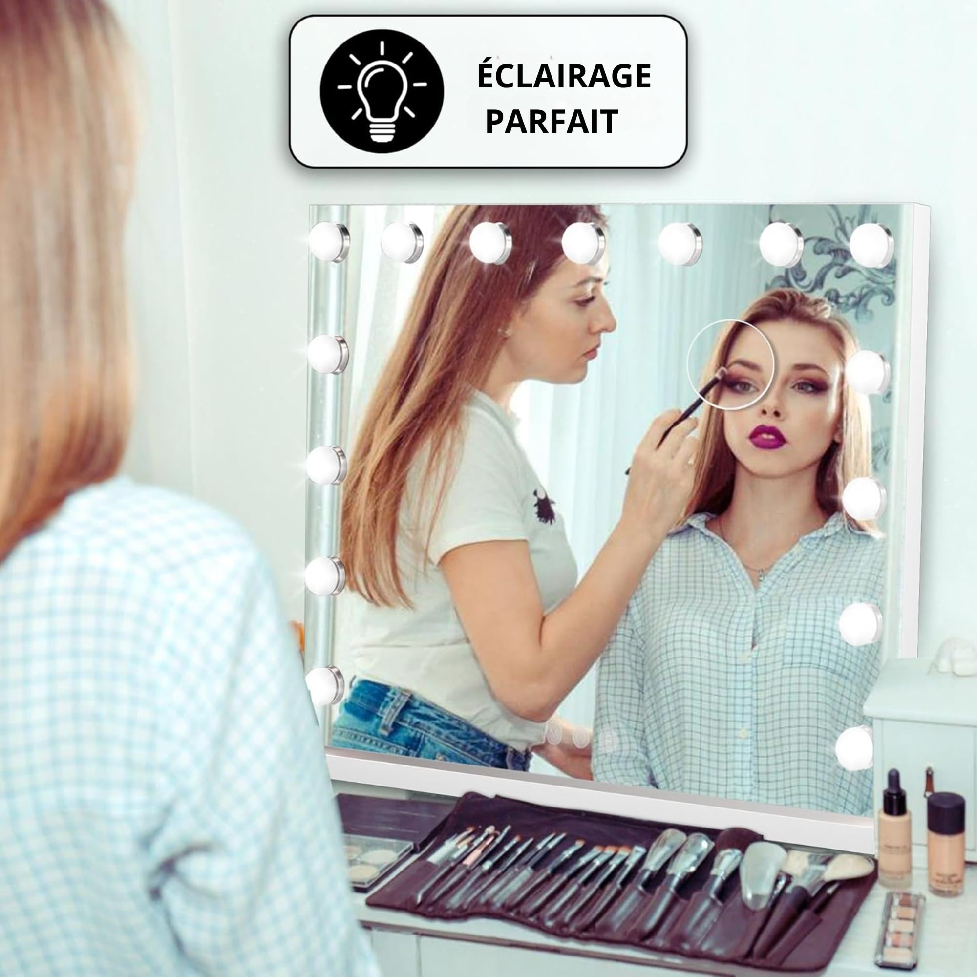 Bayt Miroir Coiffeuse Hollywood avec Bluetooth 58x46 cm – Miroir LED Maquillage Lumineux Connecté | Miroir Tactile Dimmable avec Miroir Grossissant 10x à Poser ou Mural pour Chambre et Salle de Bain