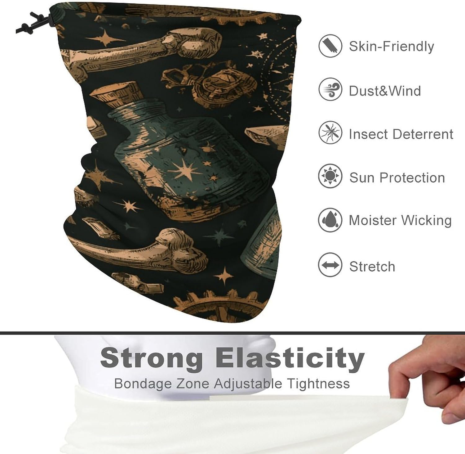 Bones Stars Men's Neck Gaiter Face Cover, Polyester Breathable Scarf with Drawstring Toggle Adjuster