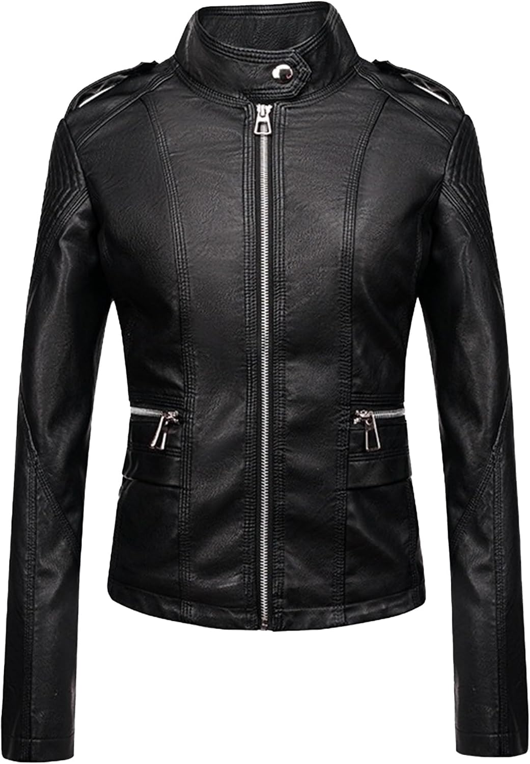 Women's Faux Leather Slim Fit Moto Blker Coat Lightweight Cropped Solid Coat Jacket Casual Stand Collar Outerwear
