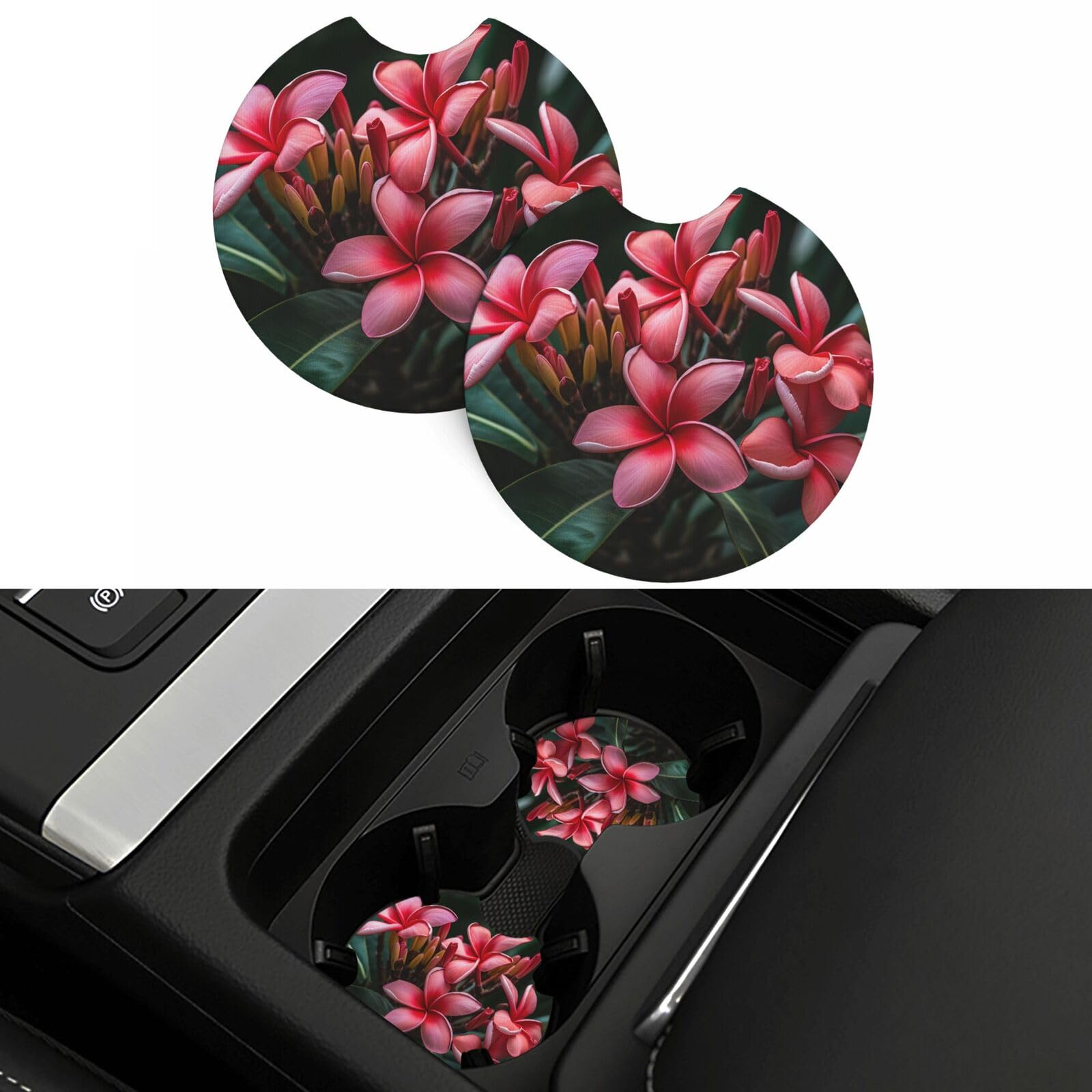 Plumeria Car Coasters 2 Pcs, Universal Non-Slip Rubber Car Cup Holder for Cup Holders, 2.75 Inch Neoprene Cup Pad Mat Coaster Car Interior Accessories for Women Men