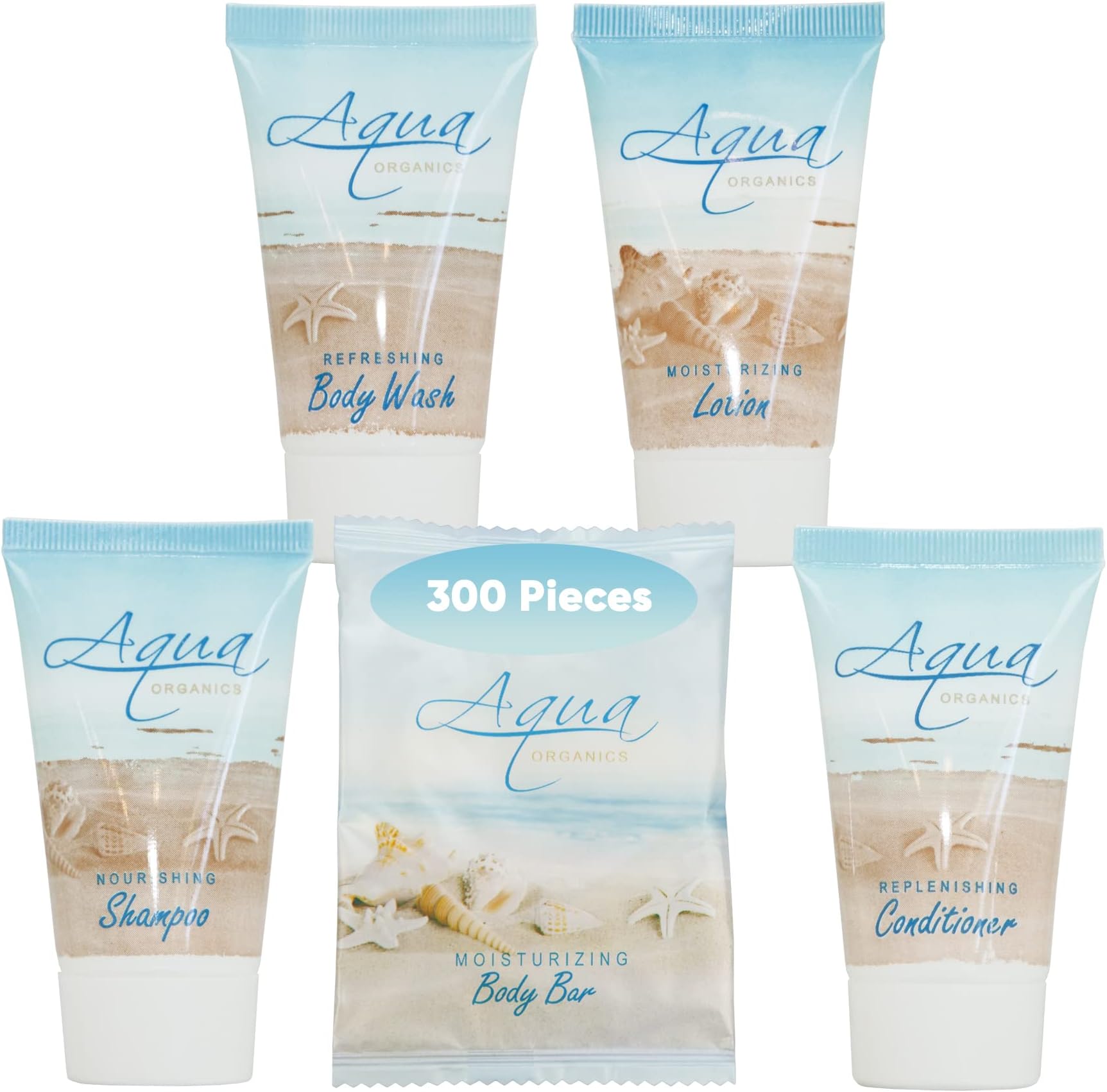 Aqua Organics Hotel Soaps and Toiletries Bulk Set | 1oz Hotel Shampoo & Conditioner, Body Wash, Body Lotion & 1oz Bar Soap Travel Size | 300 Pieces