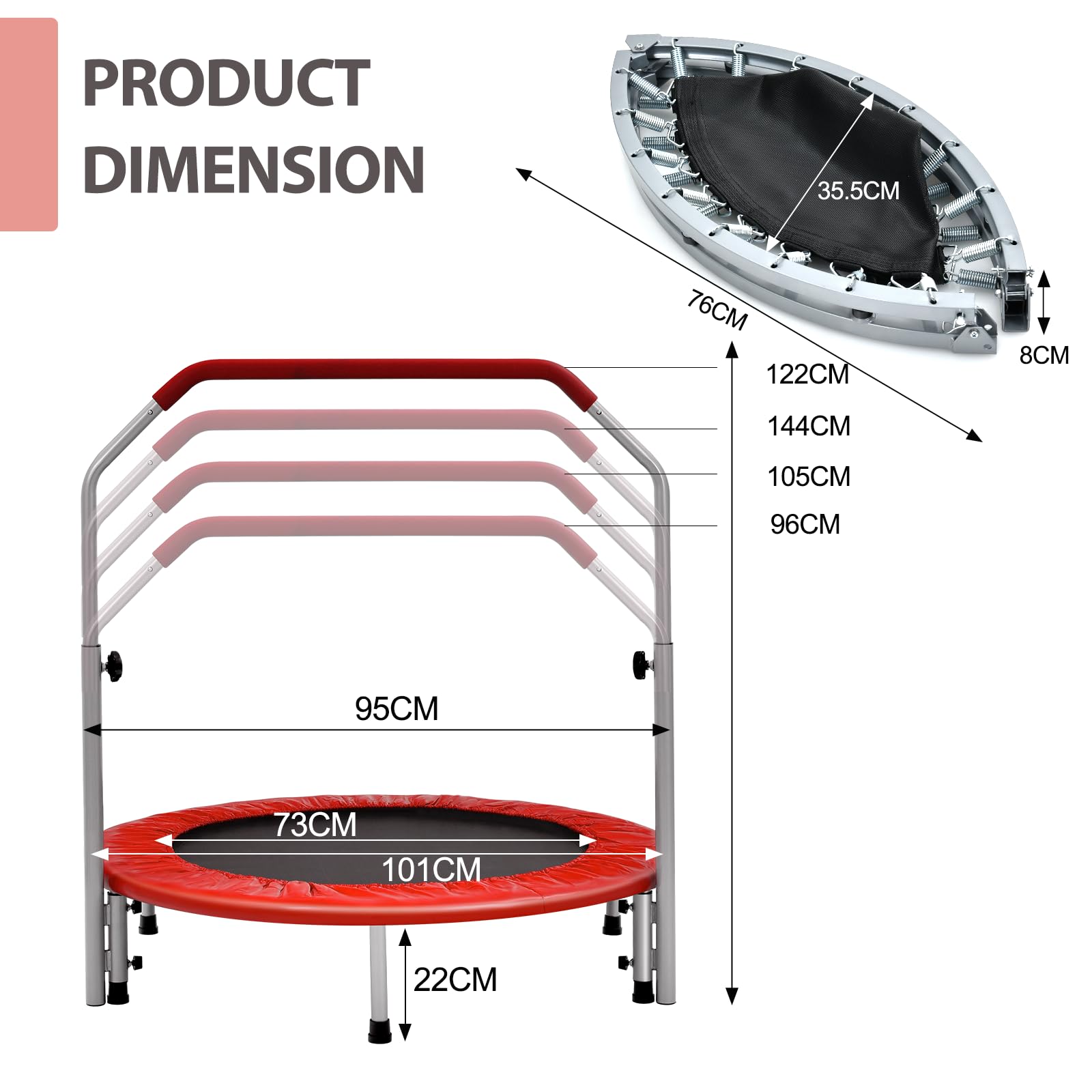 LIFEZEAL Trampolín Plegable, Mini reboteador con barandilla Ajustable, Mini trampolín de Fitness Interior para Adultos, niños, Ø 101 cm, Carga máx. 150 kg