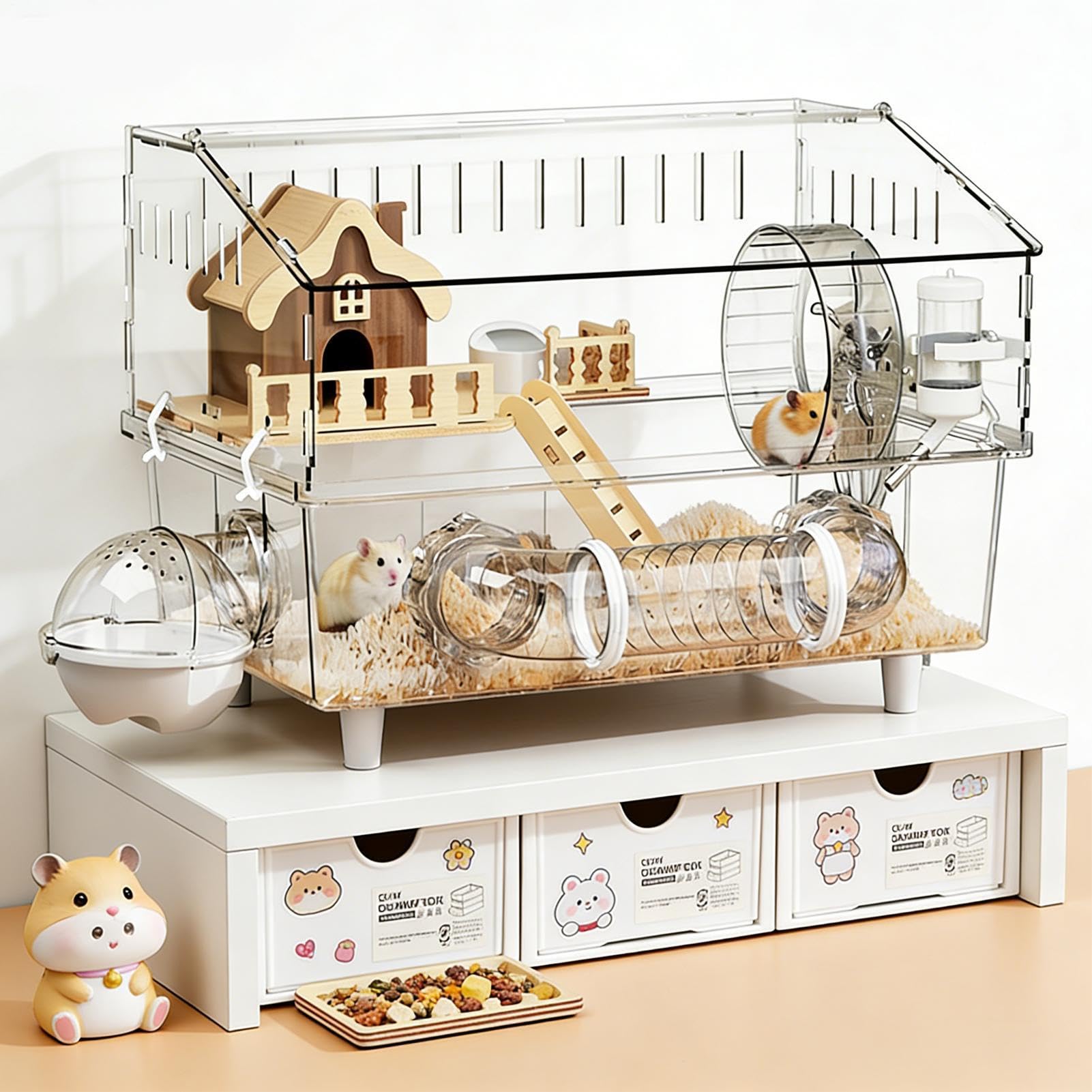 Gran Jaula para Hámster Claro de 2 Pisos, Parque para Chinchilla | Jaula para Hámster para Cobaya, Mascota Pequeña, Observación en Casa, Interior y Exterior