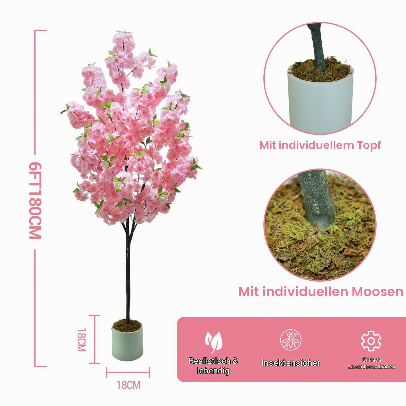180cm Künstlicher Kirschblütenbaum mit Rosa Blüten im Weißtopf, Kunstbaum aus PVC & Textilfaser für Innen & Außen - Deko für Zuhause, Büro, Hochzeit, Party | Sakura Baum ohne Pflege